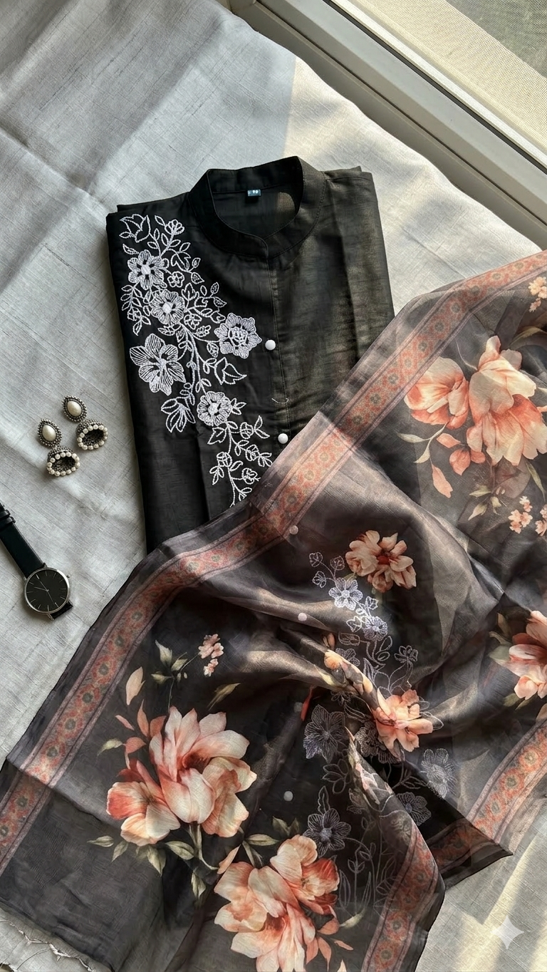 Black Floral 3-Piece Set | Festive Ethnic Wear | Naanal