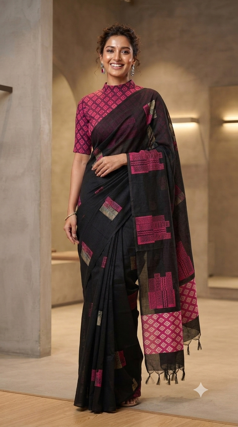 Black Silk Cotton Saree | Pink Geometric Weaving Buttas| Naanal