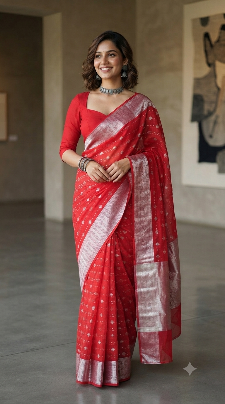 Radiant Red Tissue Silk Saree with Silver Zari Border | NAANAL