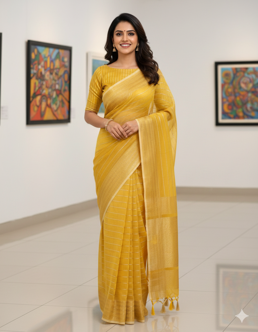 Golden linen tissue silk saree