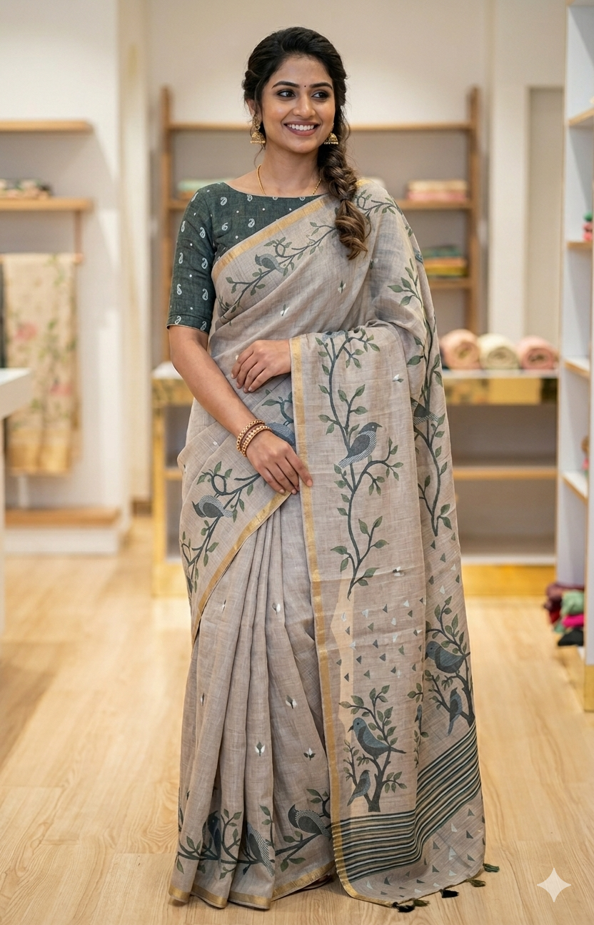 Close-up view of a beige linen cotton handloom saree featuring intricate bird and leaf motif patterns, elegant gold border, and a contrasting black paisley-print blouse