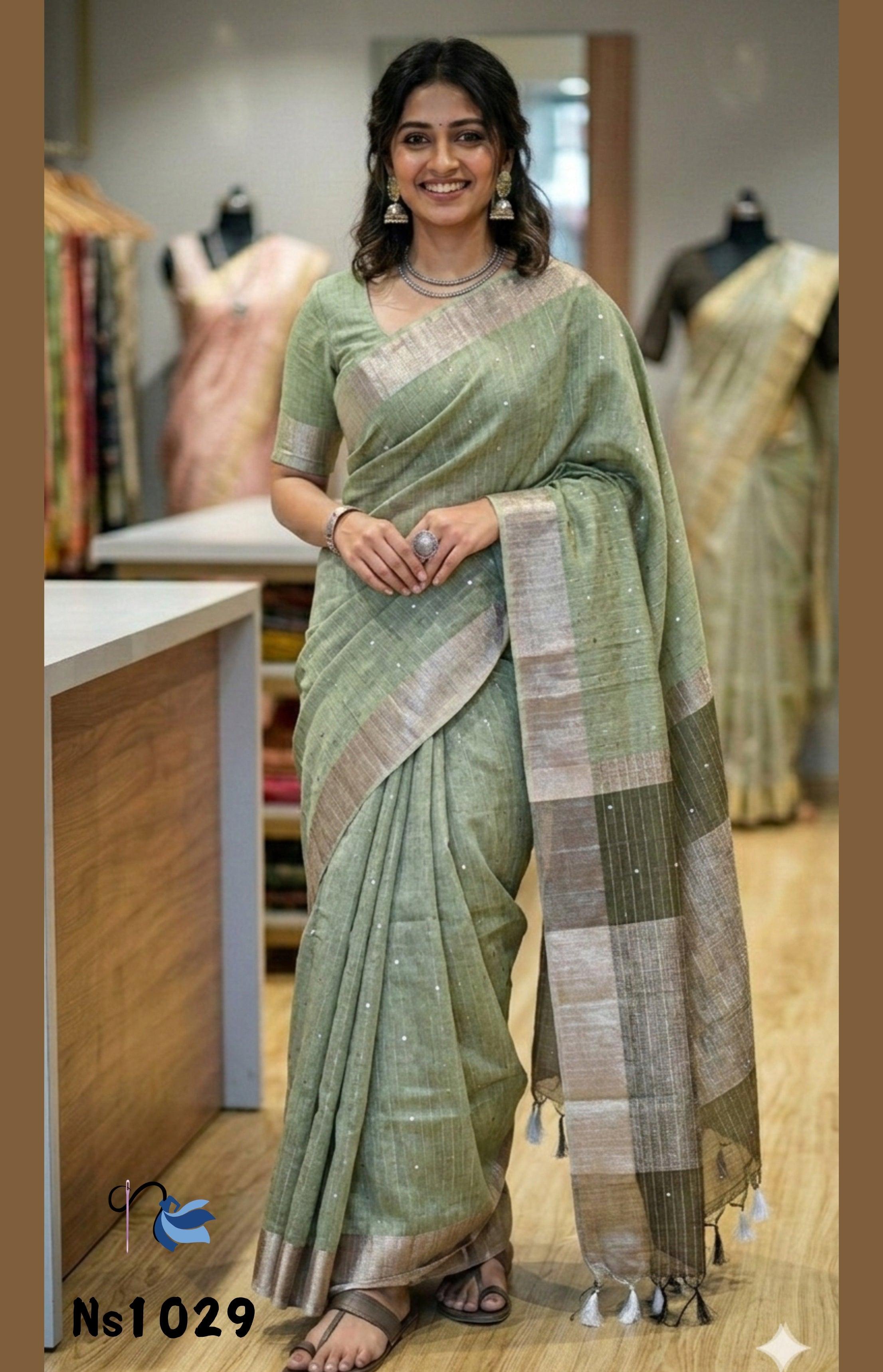Sage green Tissue linen saree with silver border