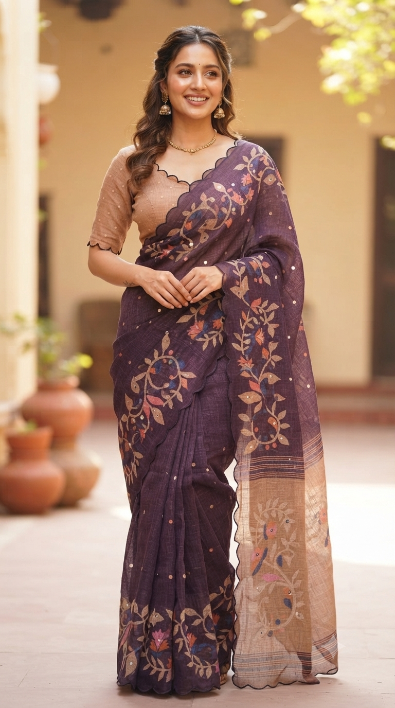Elegant Deep Purple Linen Saree with Floral prints and Scalloped Border