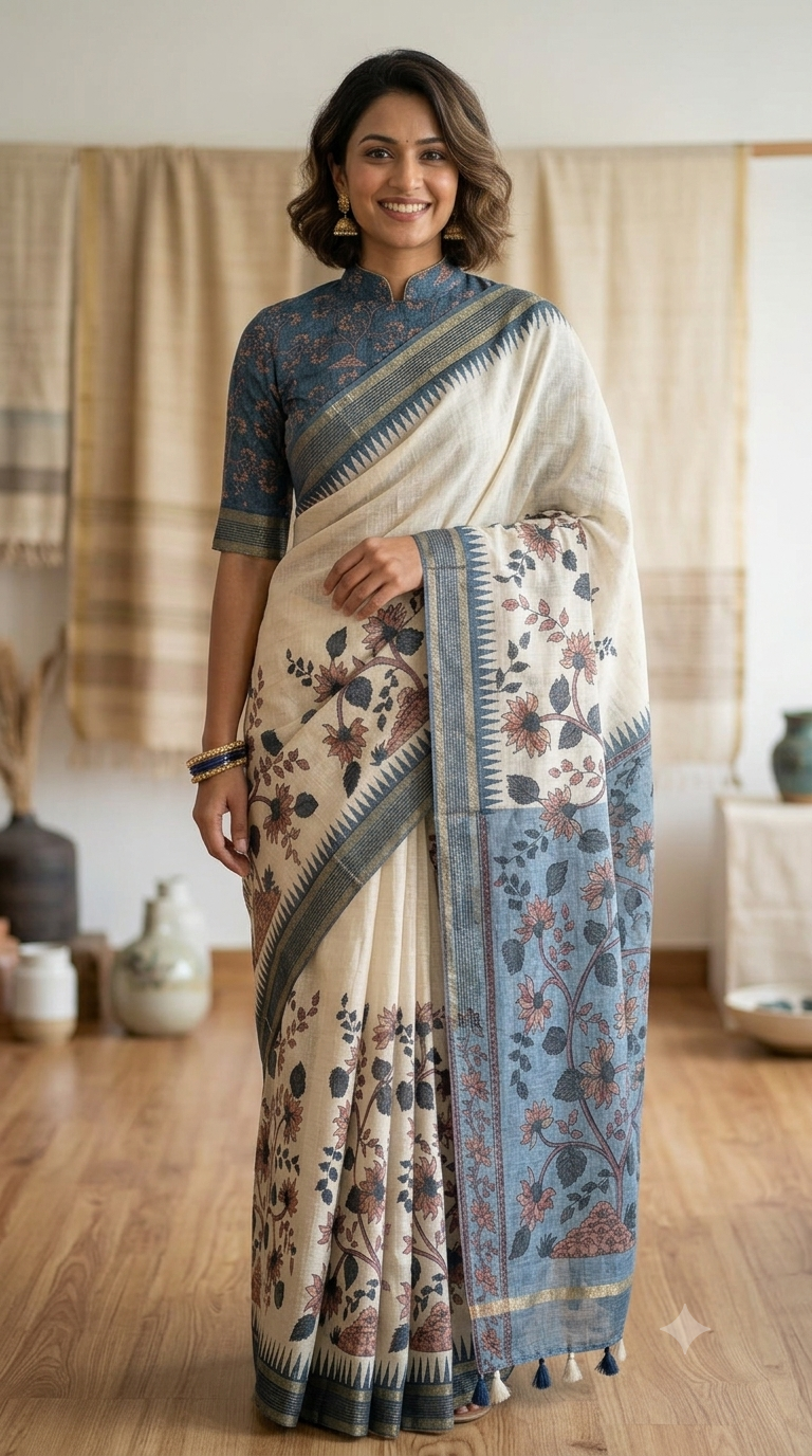 Smiling woman modeling an elegant white and blue floral linen cotton saree paired with a blue Chinese collar blouse, ideal for professional office wear