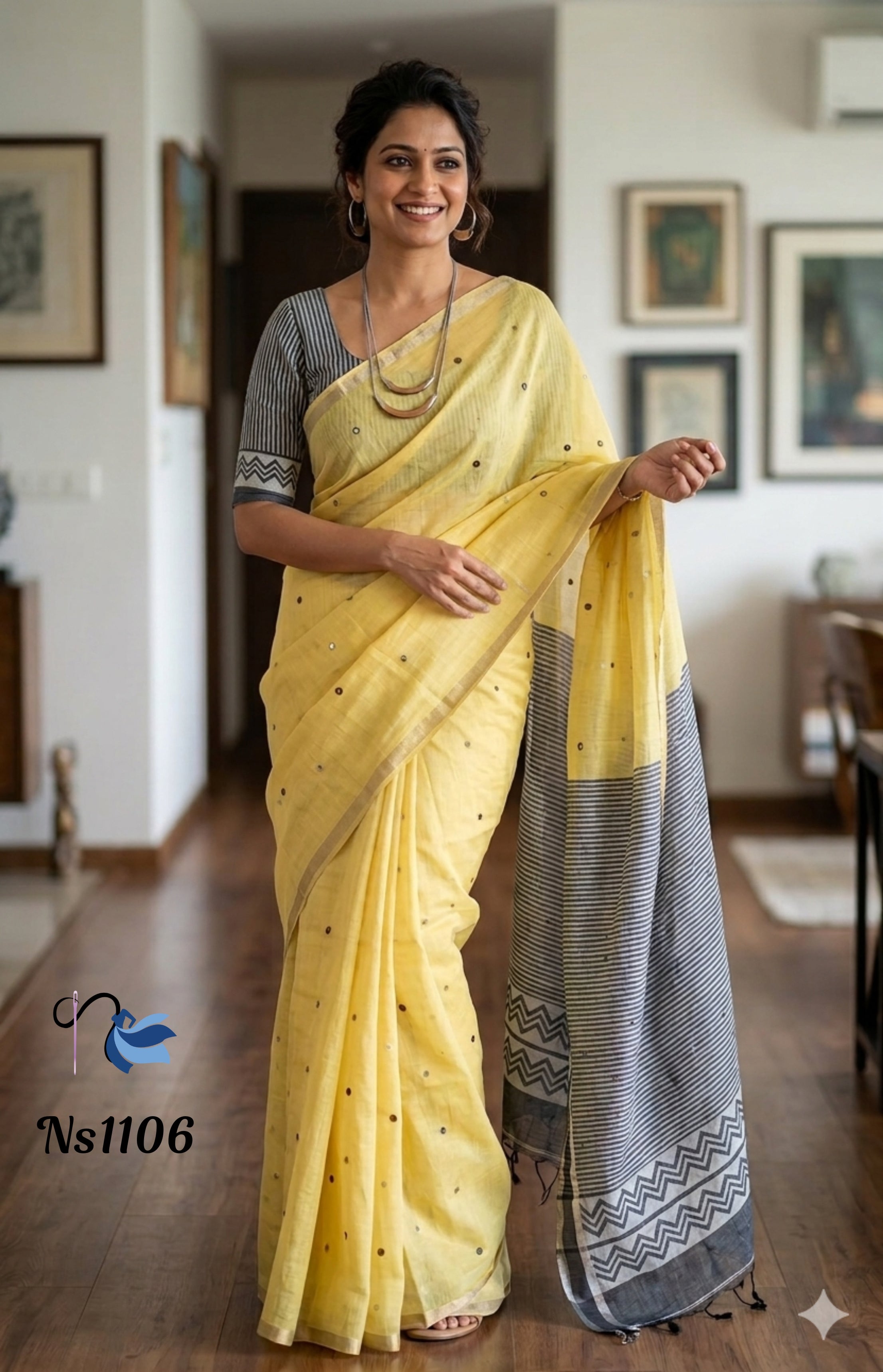 Handcrafted Yellow Linen-Cotton Saree with Mirror Work & Chevron Border