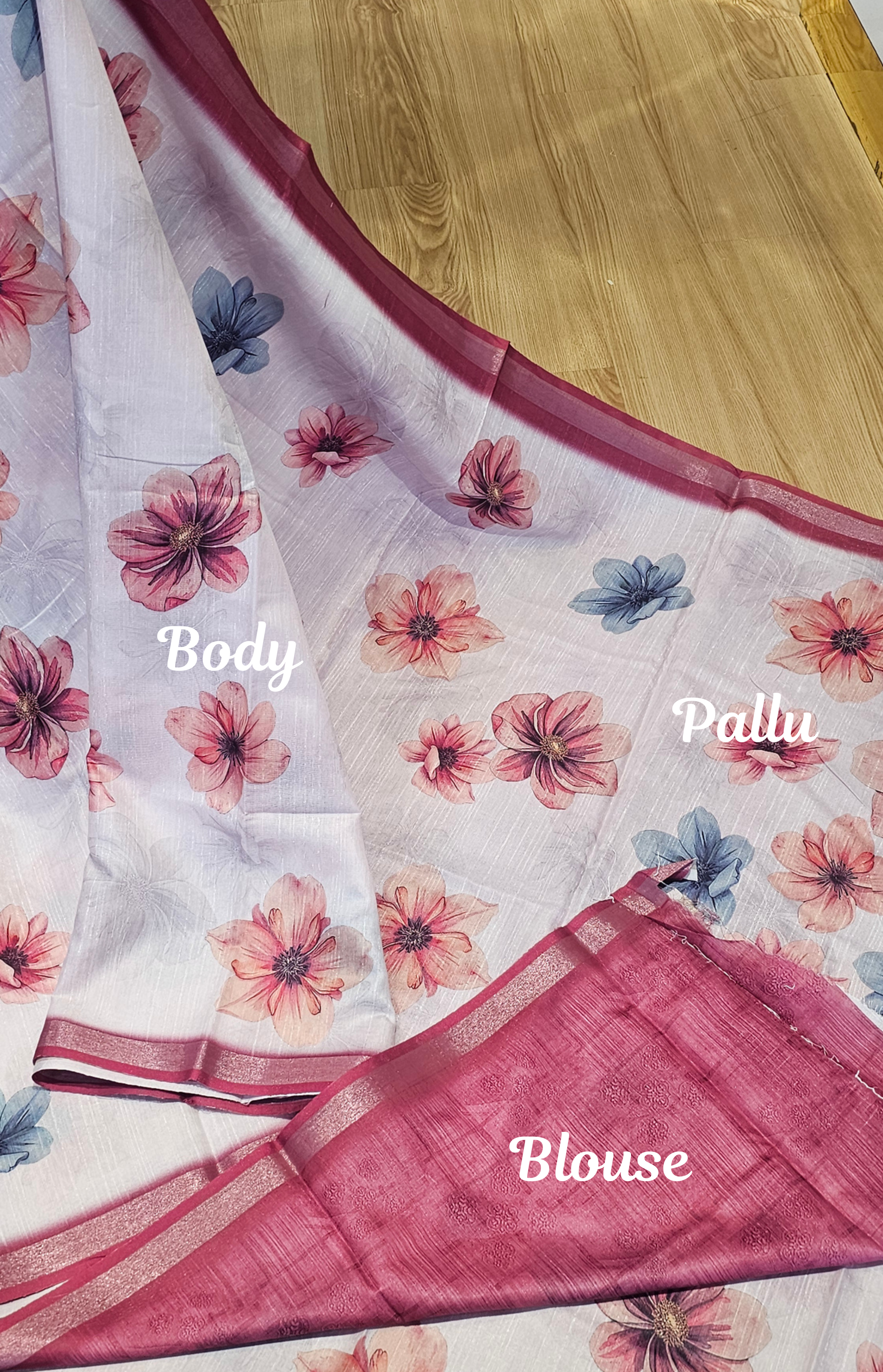 Premium Raw Silk Floral Saree in Pastel Baby Pink with Contrast Wine Blouse | Ns1110