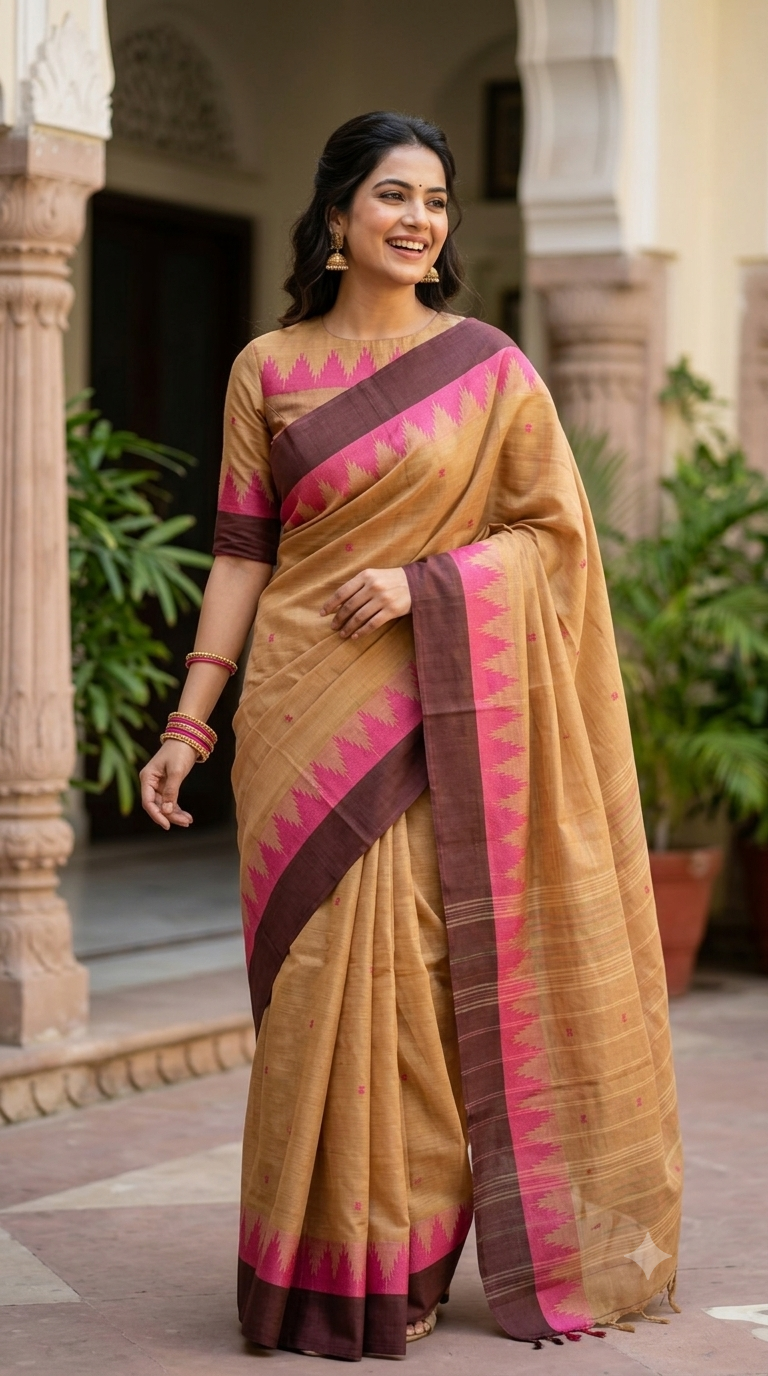 A woman wearing a beige and brown silk saree with a vibrant pink and brown geometric border, standing in a courtyard with stone pillars and green plants.