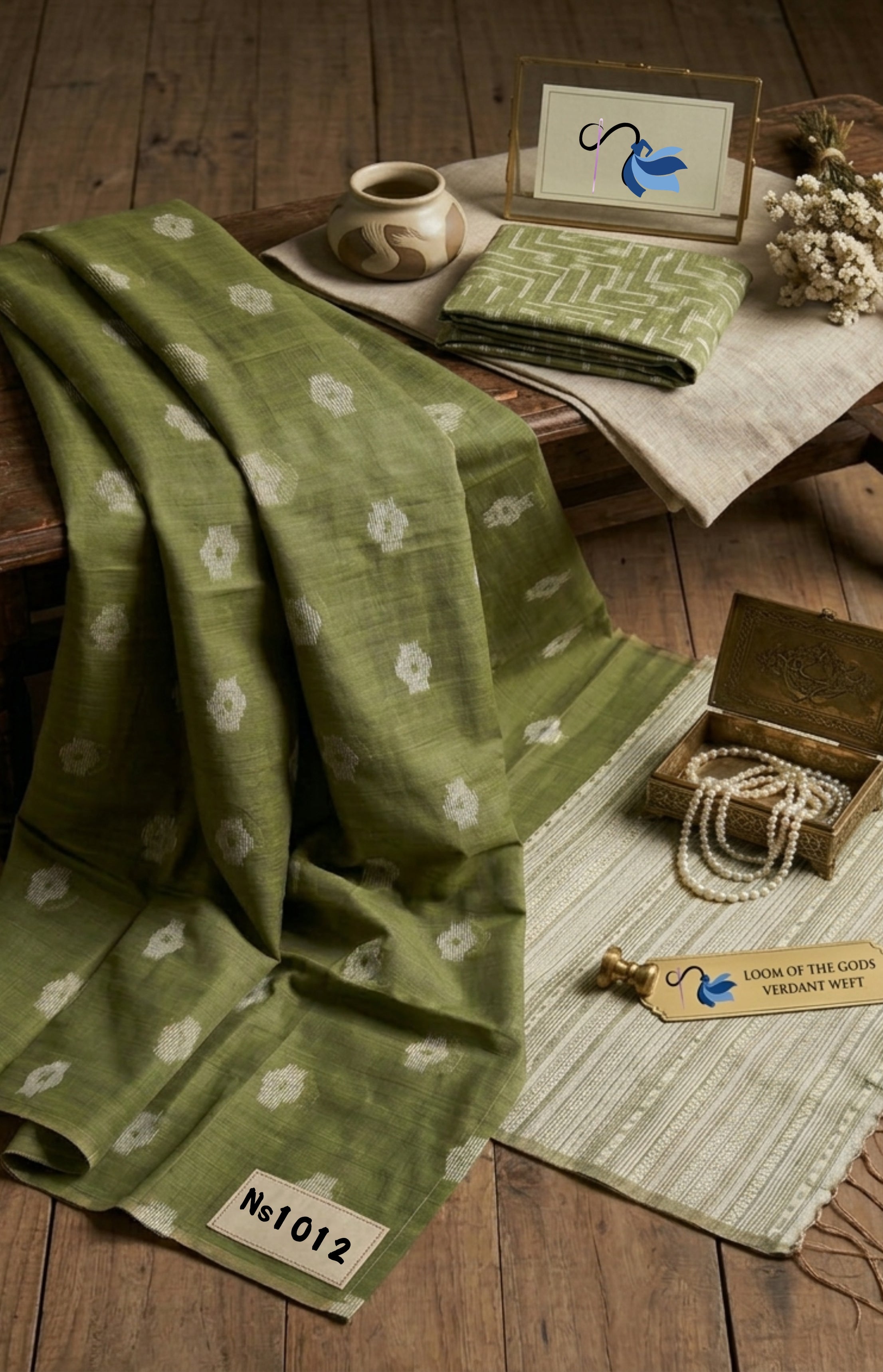 An elegant olive green handloom saree by NAANAL, featuring off-white geometric butta motifs and a matching patterned blouse piece, displayed on a wooden floor with a pearl necklace and a brass jewelry box