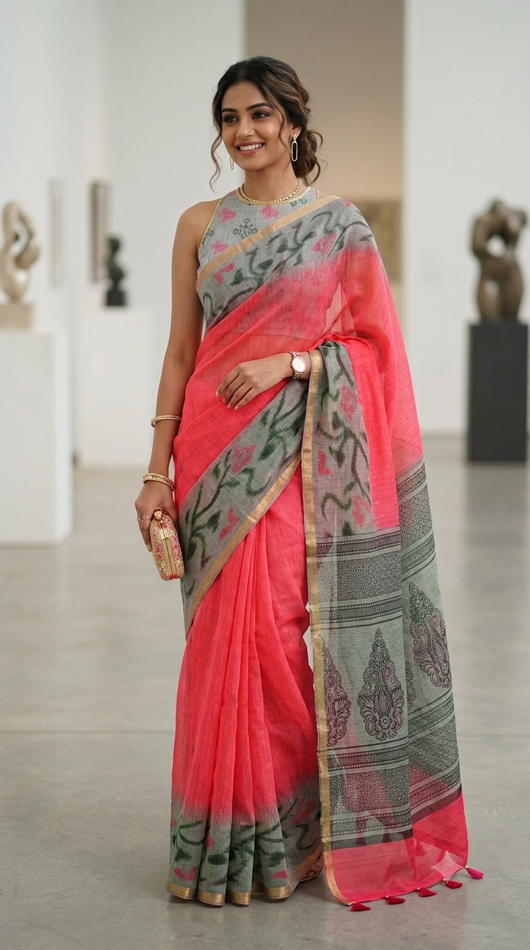 Coral Pink & Grey Linen Cotton Saree | Naanal