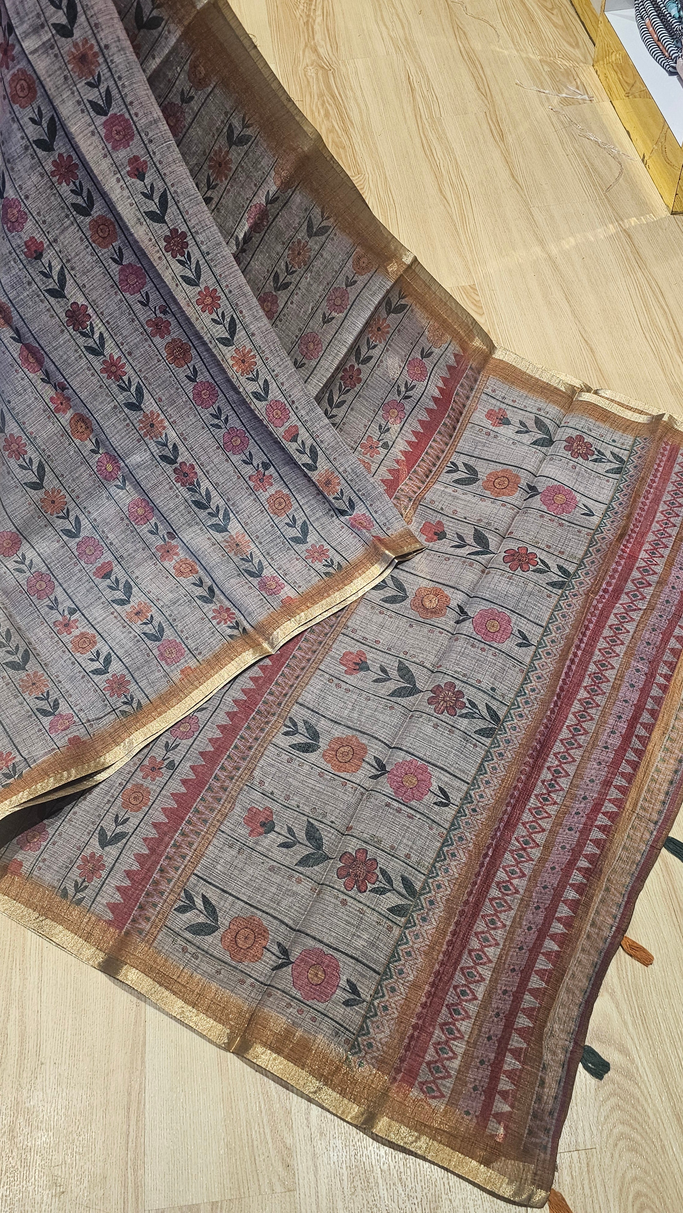 Elegant Grey Floral Linen Cotton Saree | Office Wear | Naanal