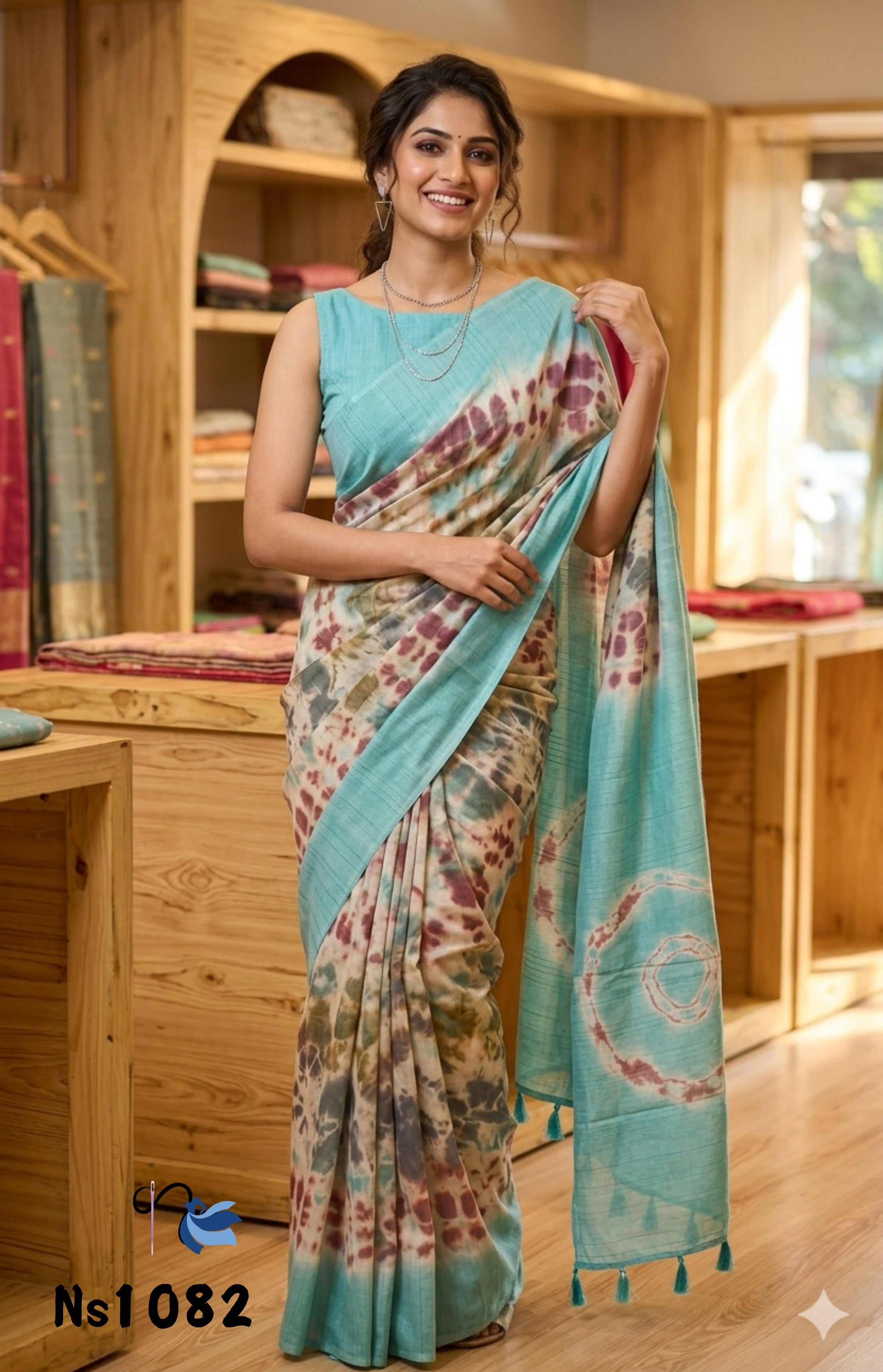 Ethereal Seafoam Shibori Handloom Jute Cotton Saree with Circular Pallu Art