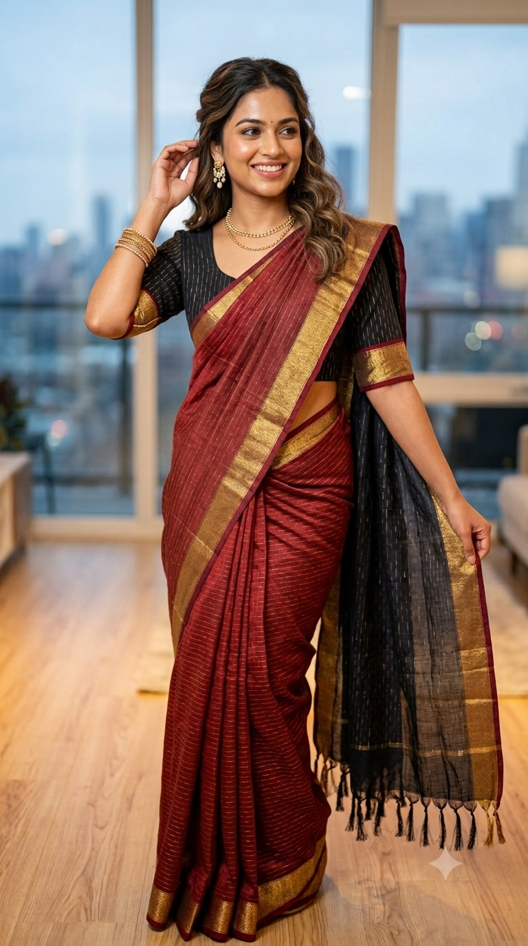 NAANAL | Maroon & Black Cotton Silk Saree with Zari Borders