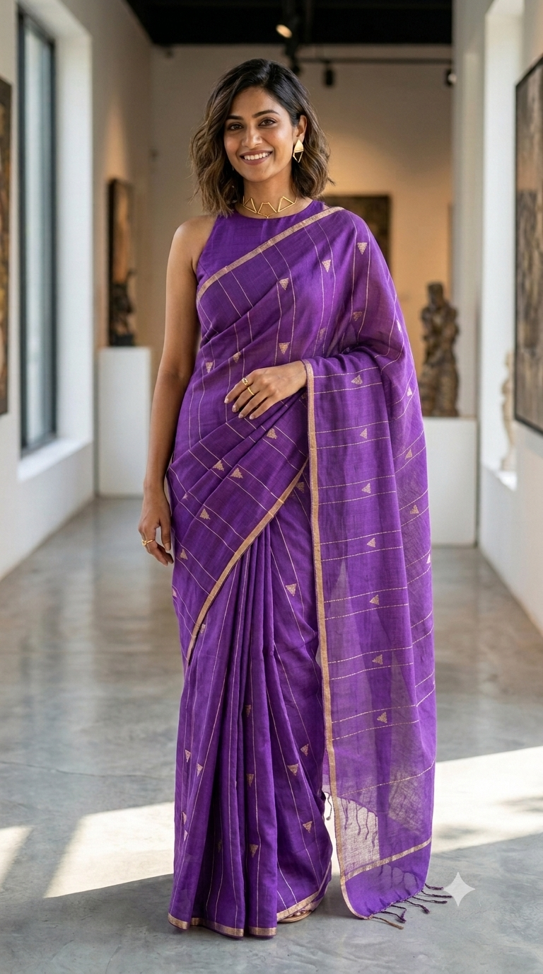 Royal Purple Baswada Silk Cotton Saree with Zari Stripes | Handloom Saree Online | Naanal