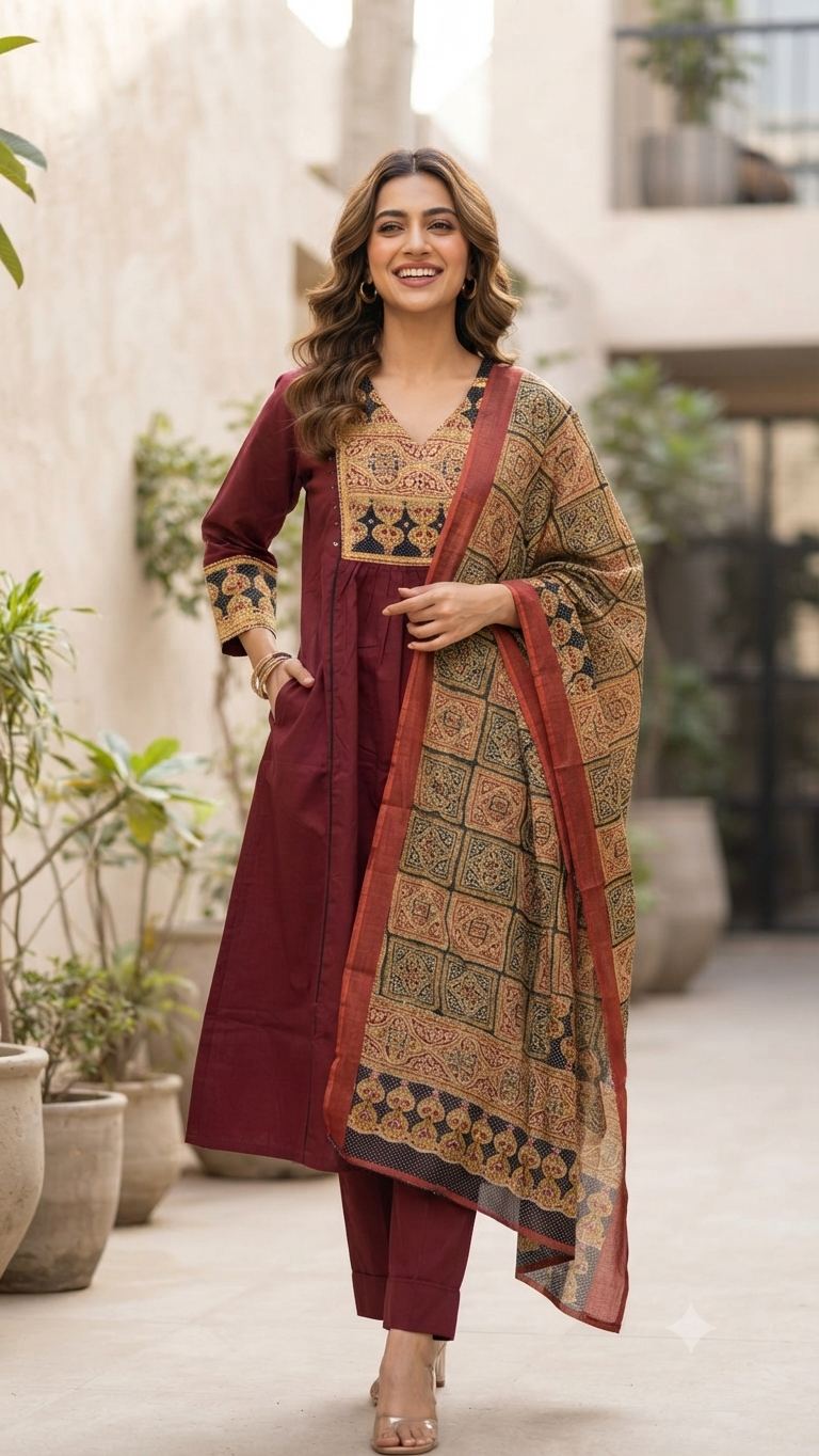 Maroon Cotton Salwar Set with Traditional Print Dupatta – NAANAL