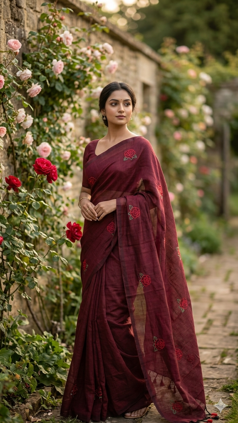 The Crimson Flora Saree in Mulled Wine | Naanal