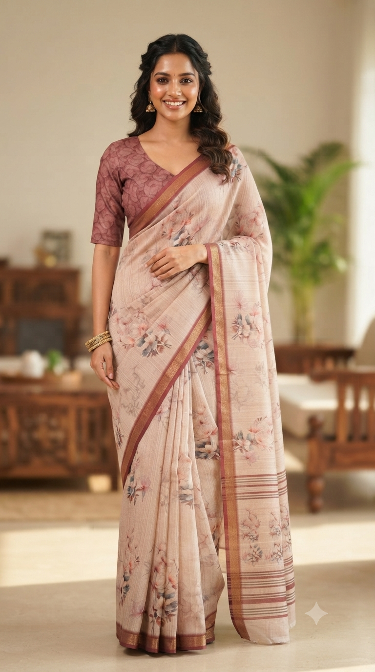 Elegant Floral Printed Tussar Silk Saree with Blouse | Naanal