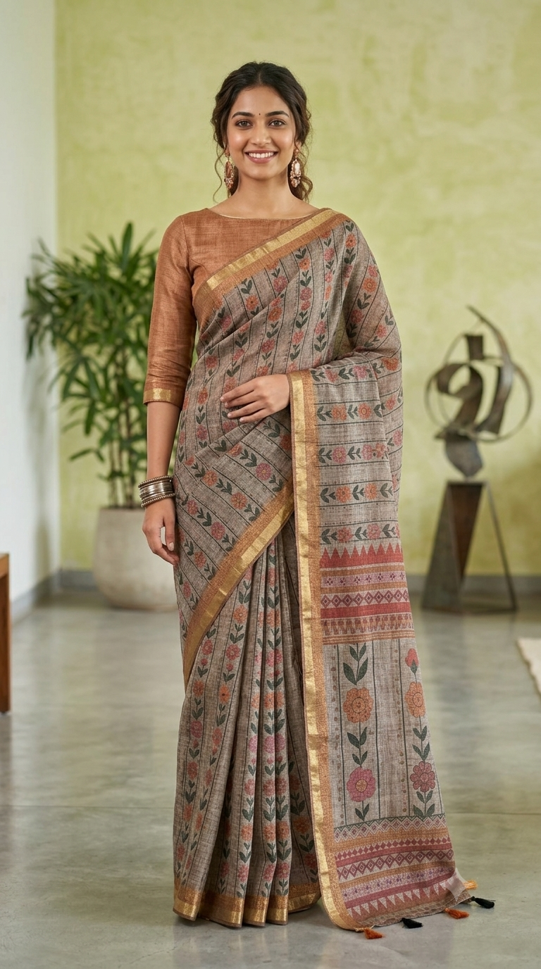 Elegant Grey Floral Linen Cotton Saree | Office Wear | Naanal