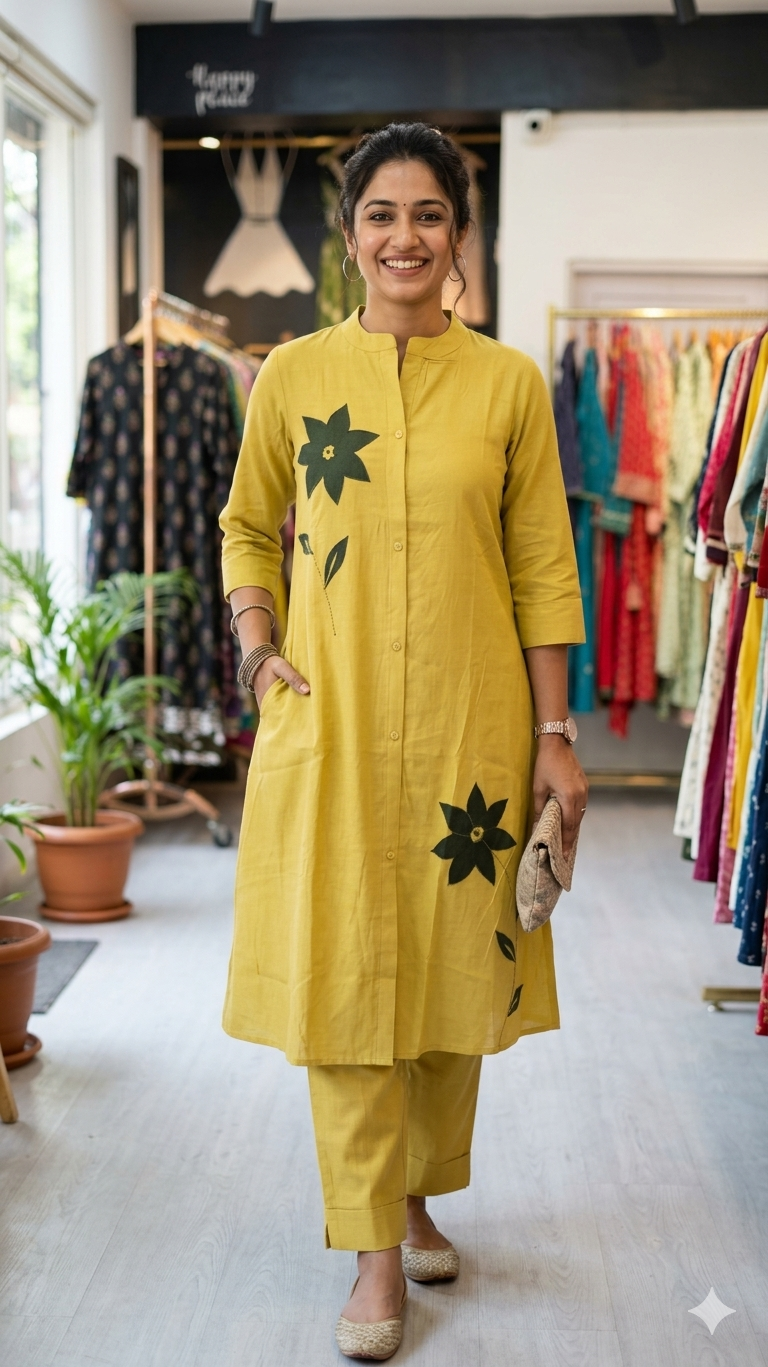 Yellow Floral Cotton Co-ord Set by Naanal | Breathable Handloom Summer Wear