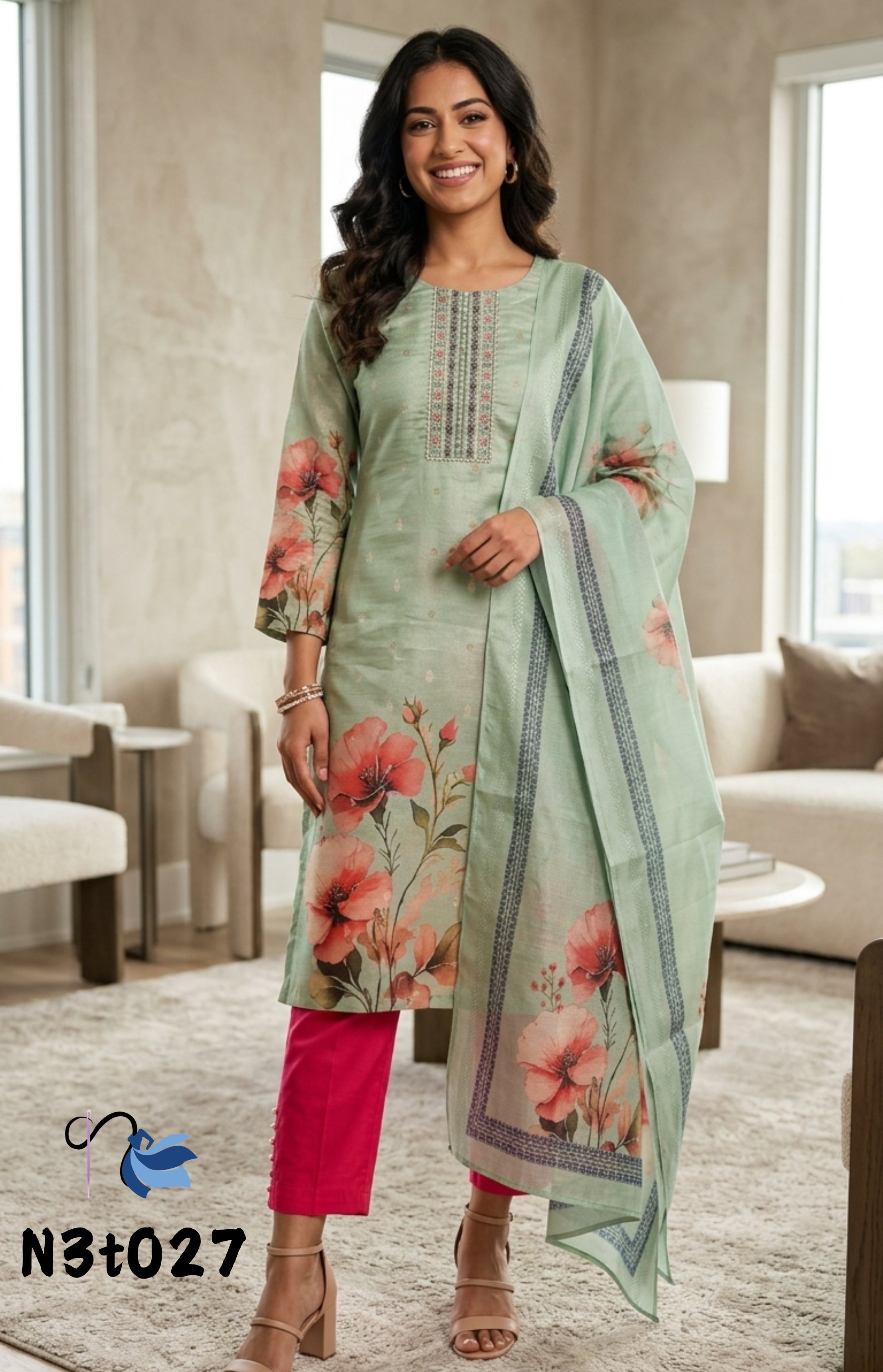 Sage Green & Fuchsia Floral Salwar Suit | Naanal
