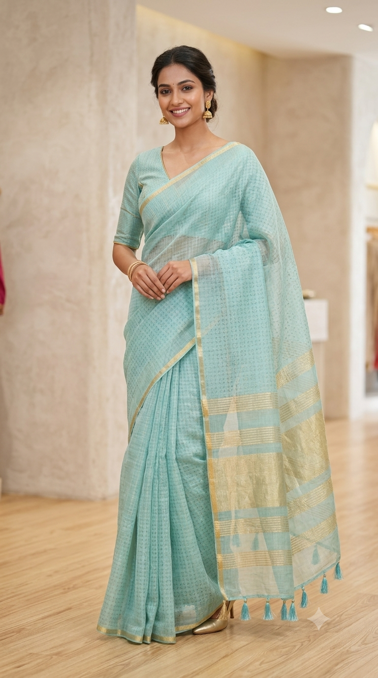 Aqua Blue Linen Cotton Saree with Zari Border | NAANAL