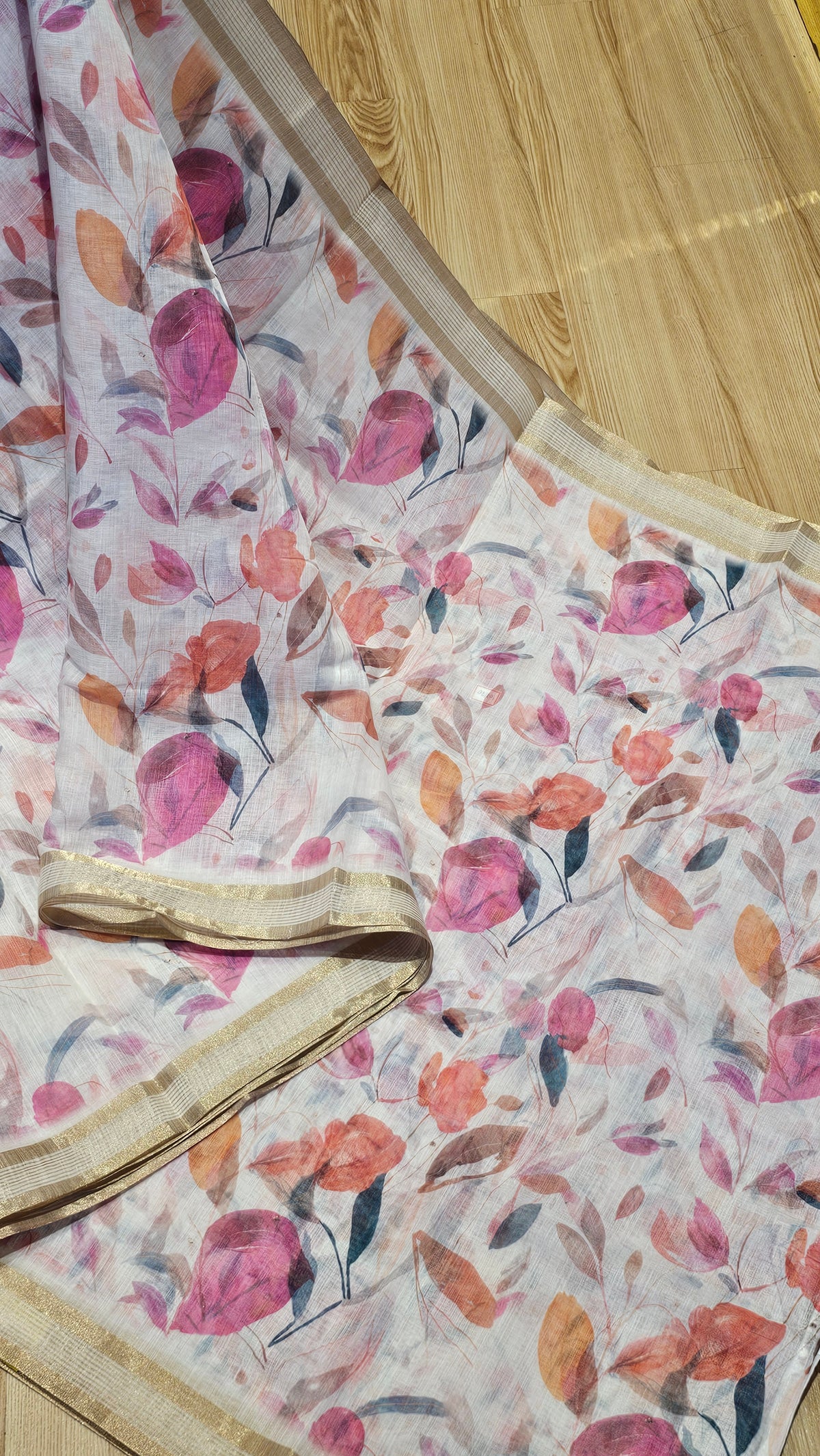 Elegant Off-White Floral Linen Cotton Saree | Summer Wear