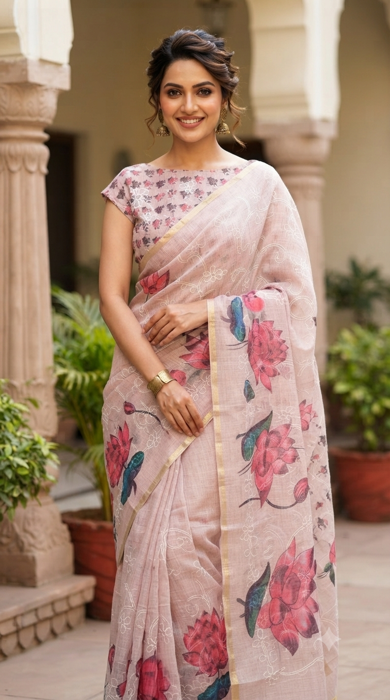 Graceful Lotus Print Linen Cotton Saree | NAANAL