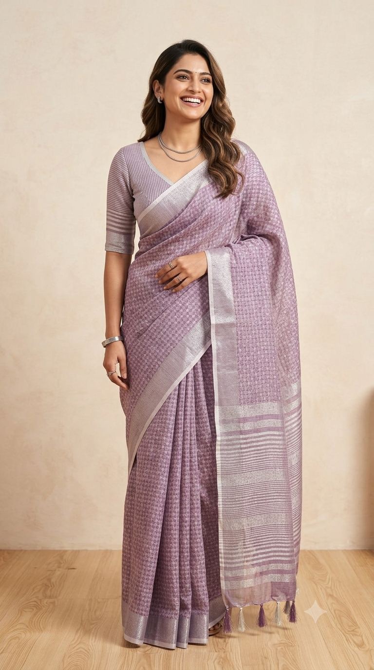 Lavender Linen Cotton Saree with Silver Zari & Striped Blouse | Naanal