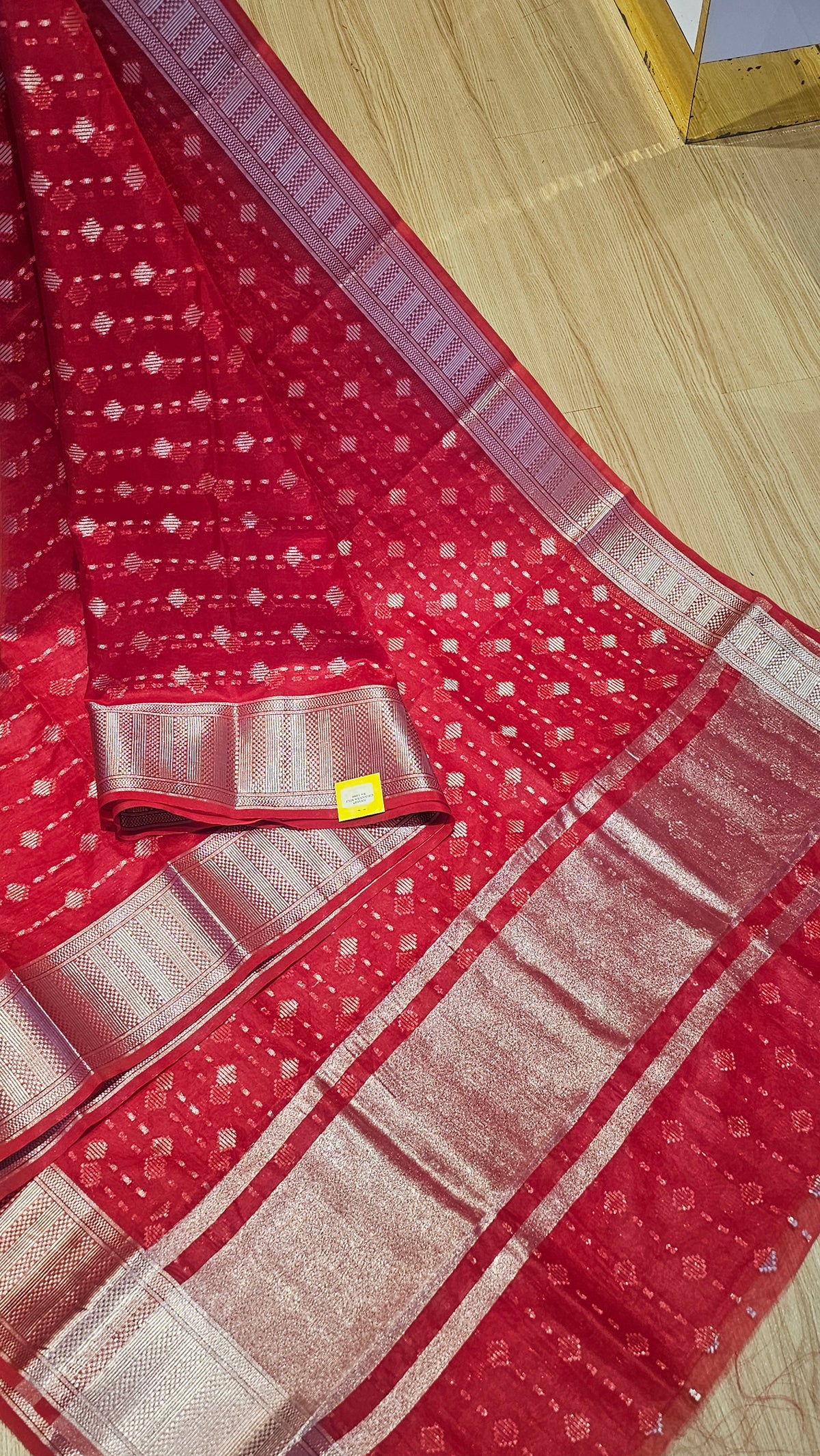 Vibrant Red Organza Saree with Silver Zari Work | Shop Now