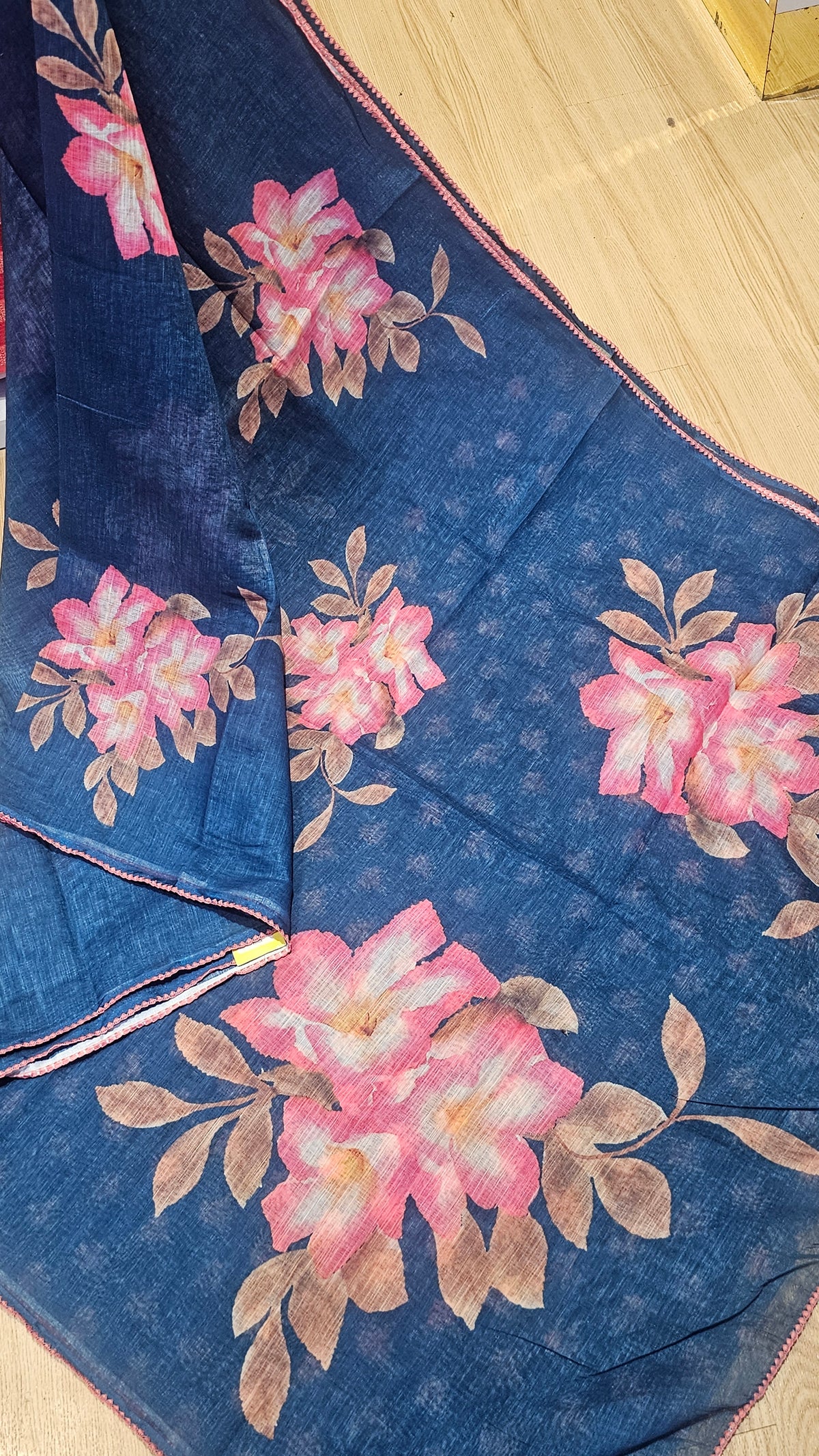 Indigo Blue Floral Linen Saree | Premium Office Wear