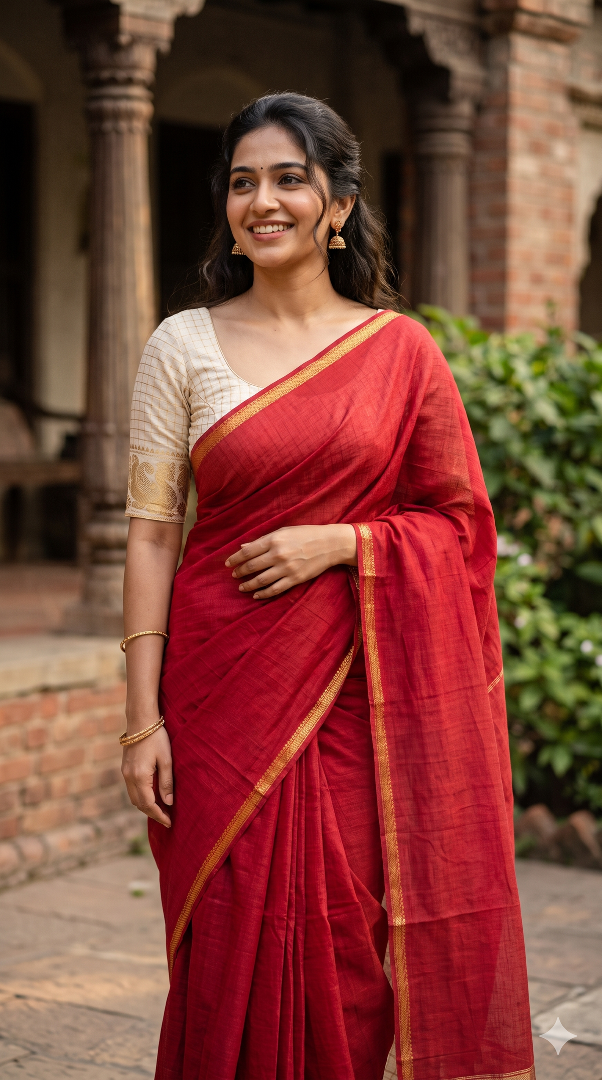 Authentic Red Madurai Sungudi Cotton Saree - Gold Zari | NAANAL