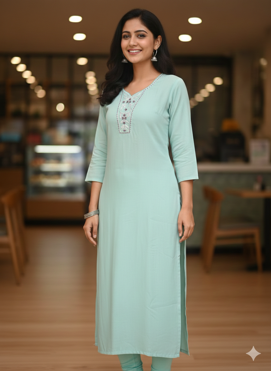 Mul Cotton Kurti with Embroidered Neckline | Naanal