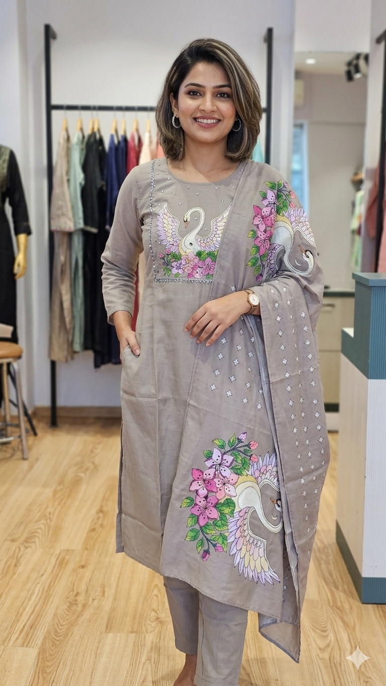 Elegant Grey Swan Motif Hand-Painted Salwar Set | Naanal