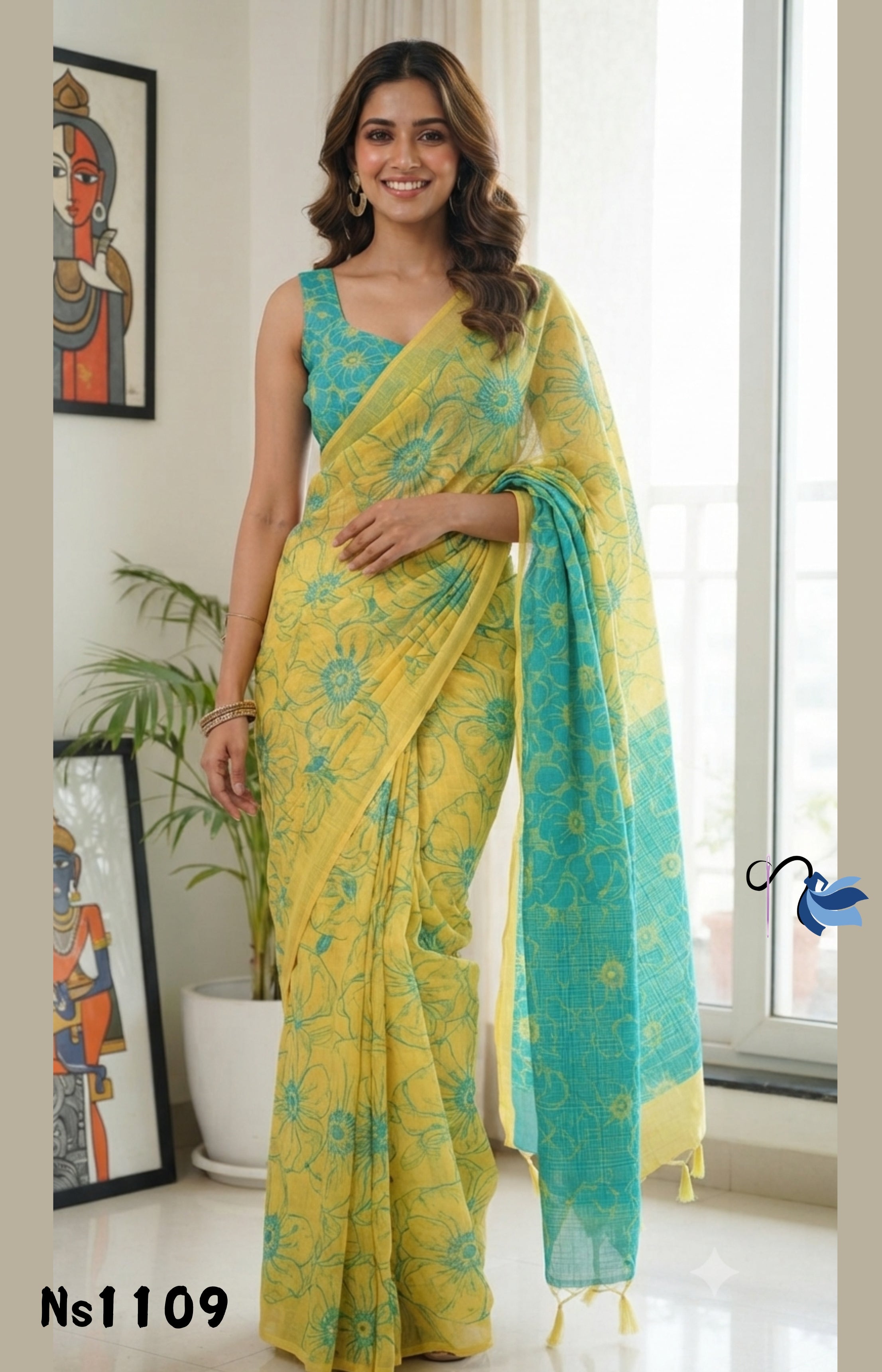 Breathable Floral Linen-Cotton Saree | Office Wear Series