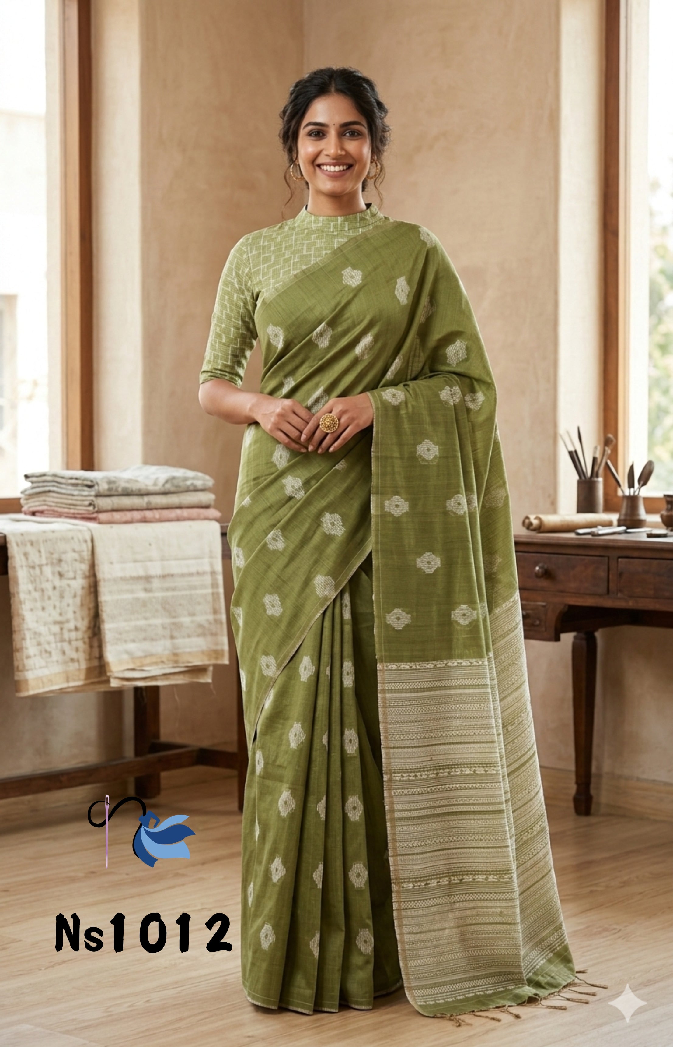 Woman wearing a green saree with a floral pattern in a room with wooden furniture.