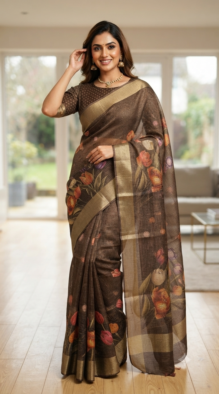 Brown Floral Tussar Silk Saree with Blouse | Naanal