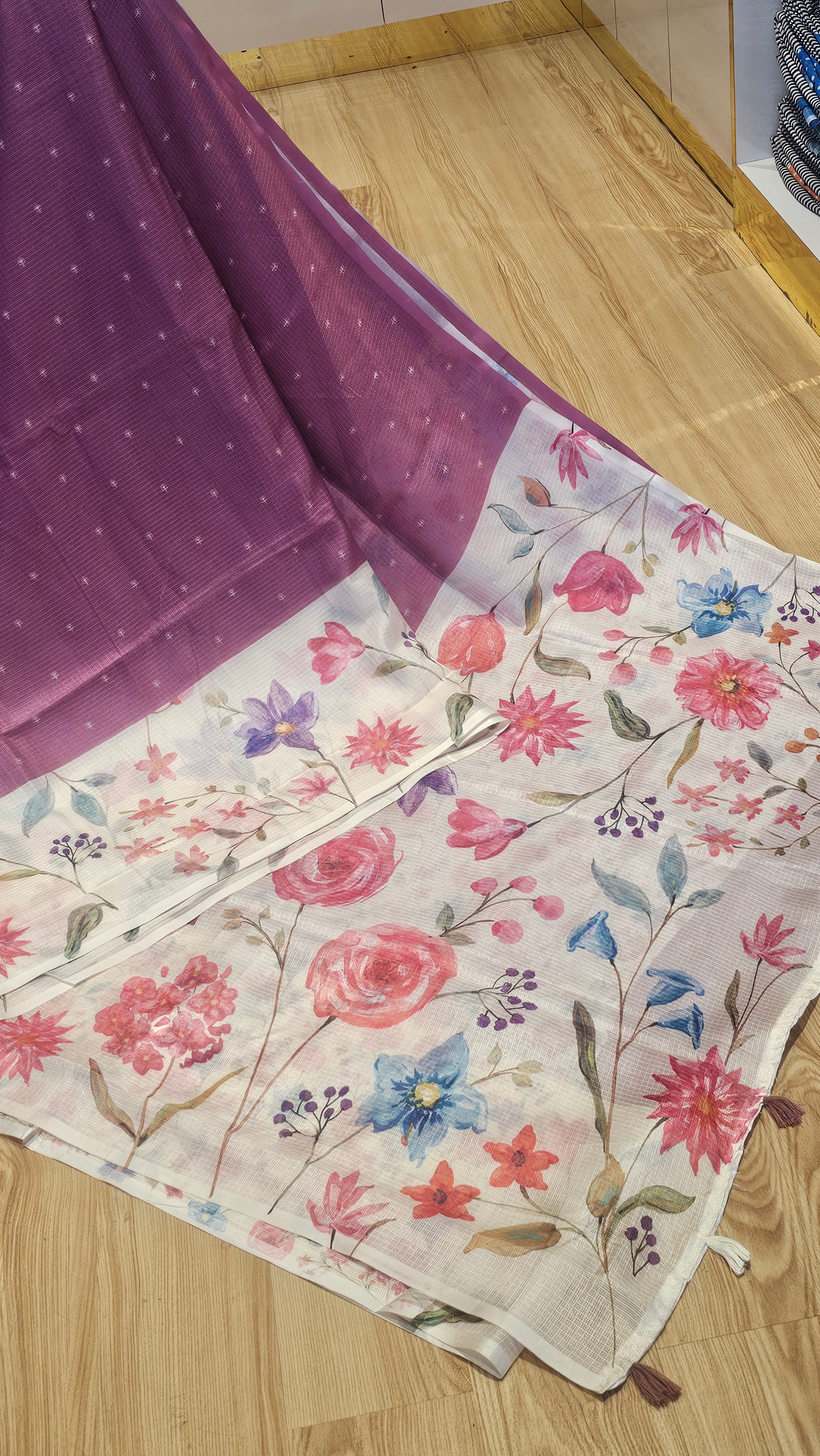 Elegant Mauve Kota Cotton Saree with Floral Print Pallu | Premium Ethnic Wear| NAANAL