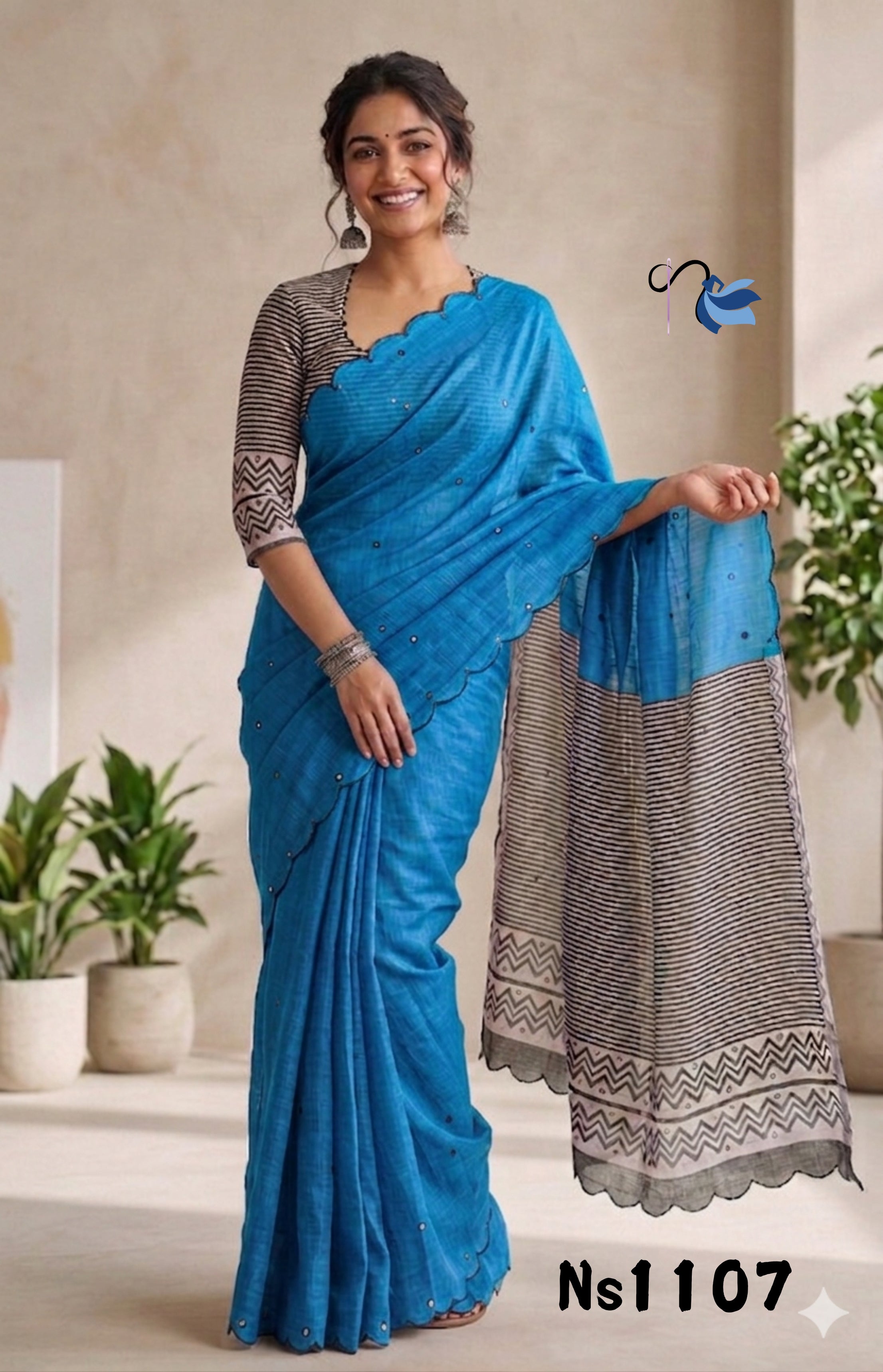 Cerulean Blue Linen Cotton Saree with Hand-Cut Scallops