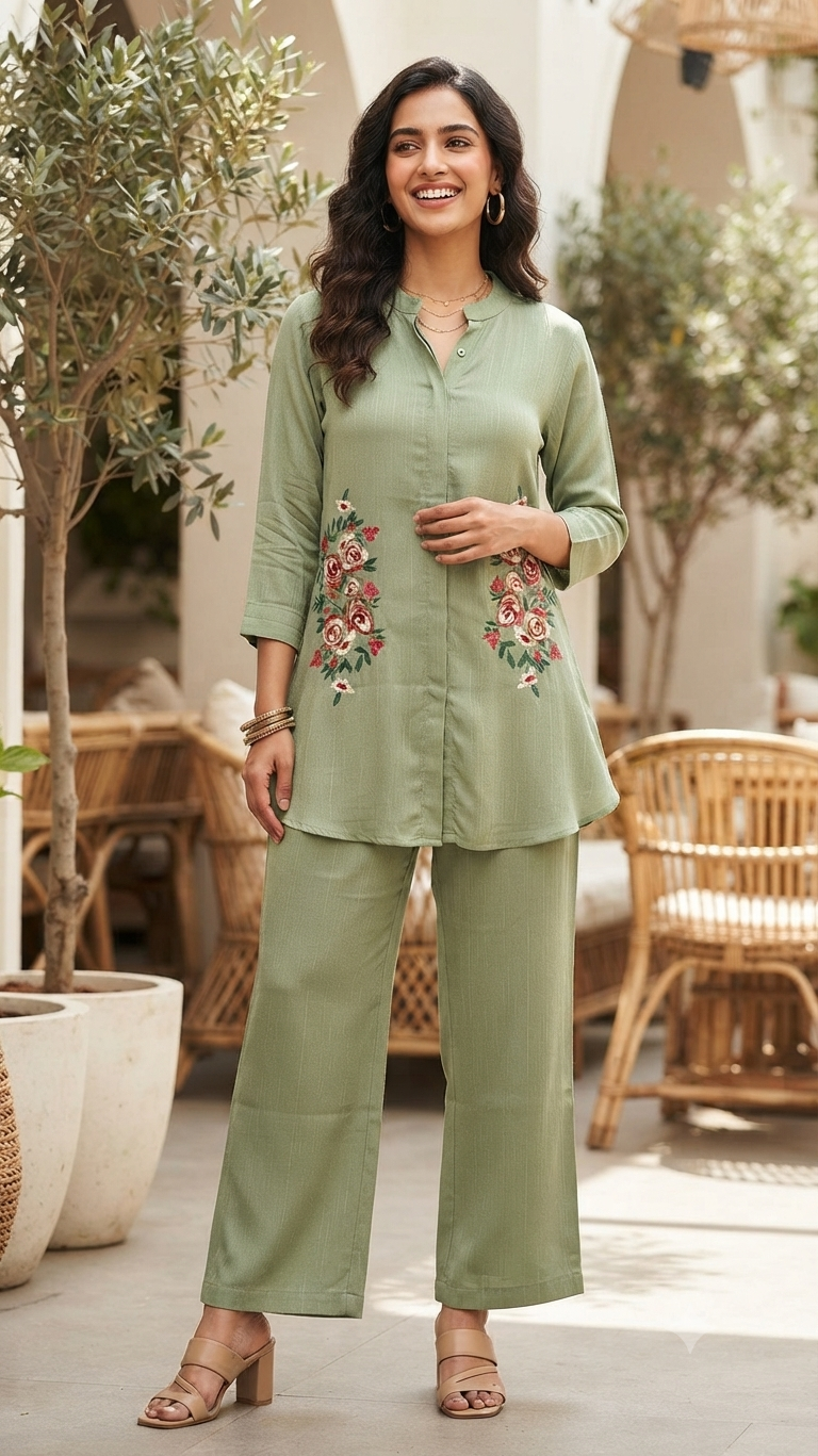 Elegant Sage Green Floral Embroidered Rayon Co-ord Set