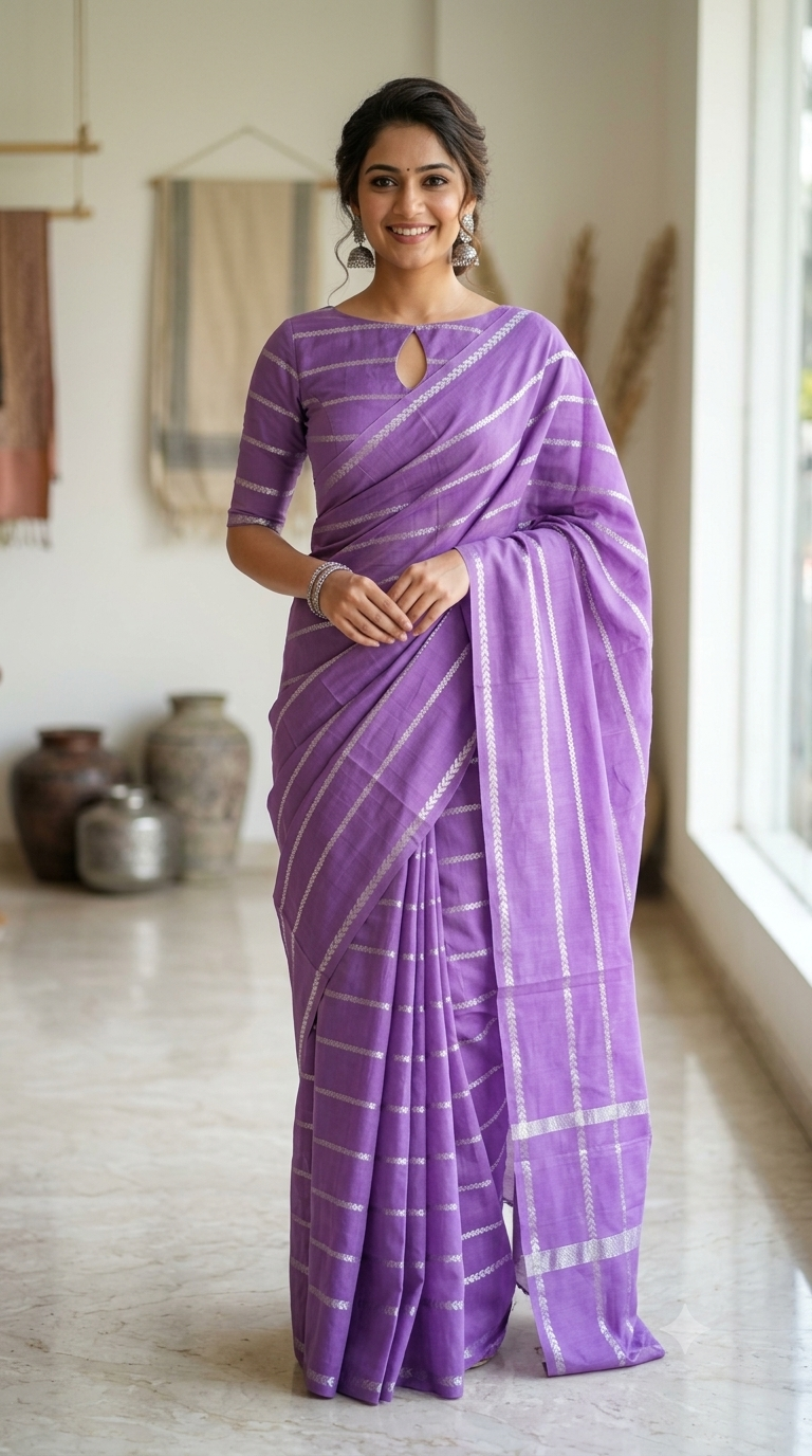 Premium Lavender Sungudi Cotton Saree | Silver Zari Stripes|Naanal