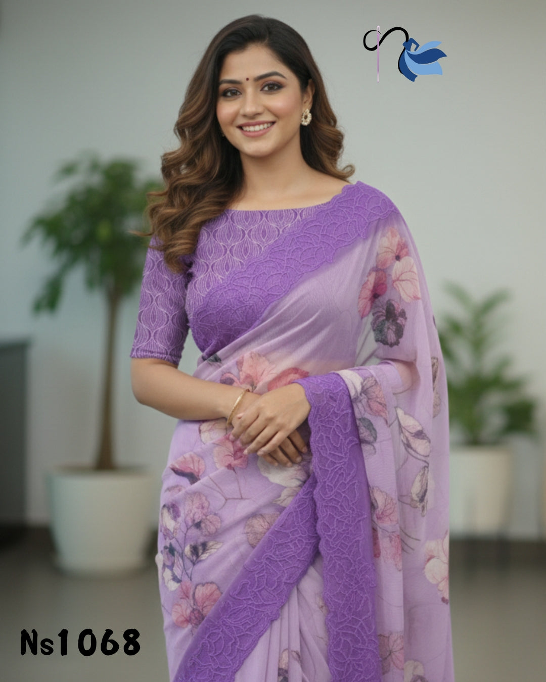 Chiffon saree featuring a delicate floral cutwork border