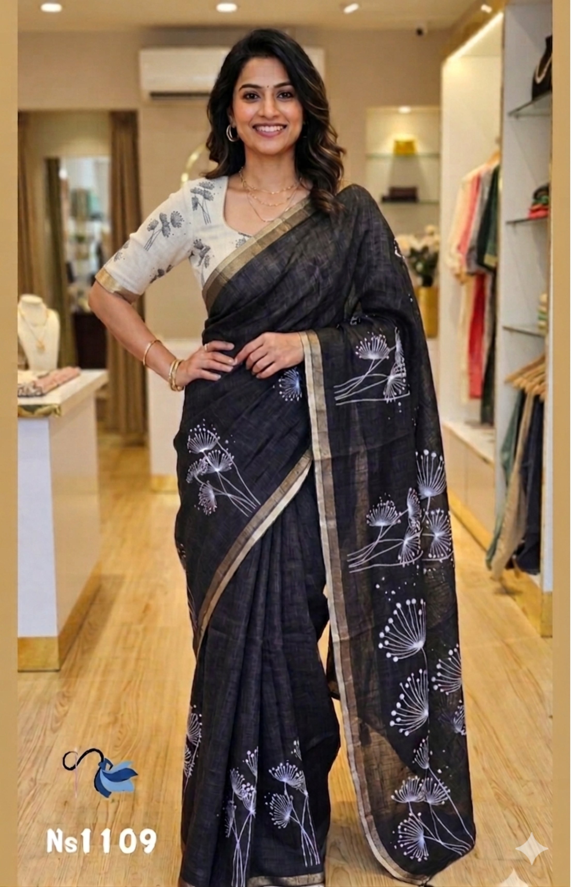Black Printed Linen Saree | Dandelion Floral Design