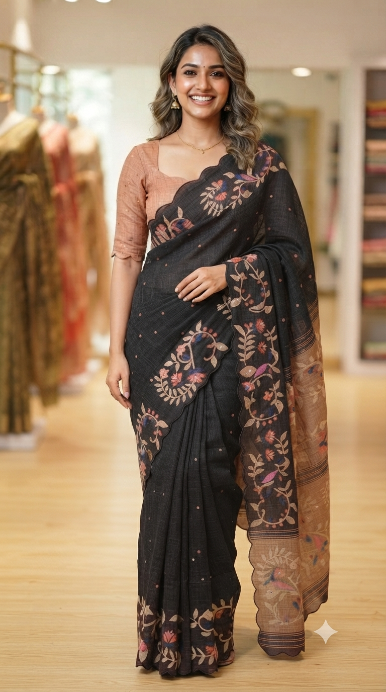 A woman modeling a black saree with intricate floral embroidery and a sheer brown border, paired with a beige blouse, in a clothing store.