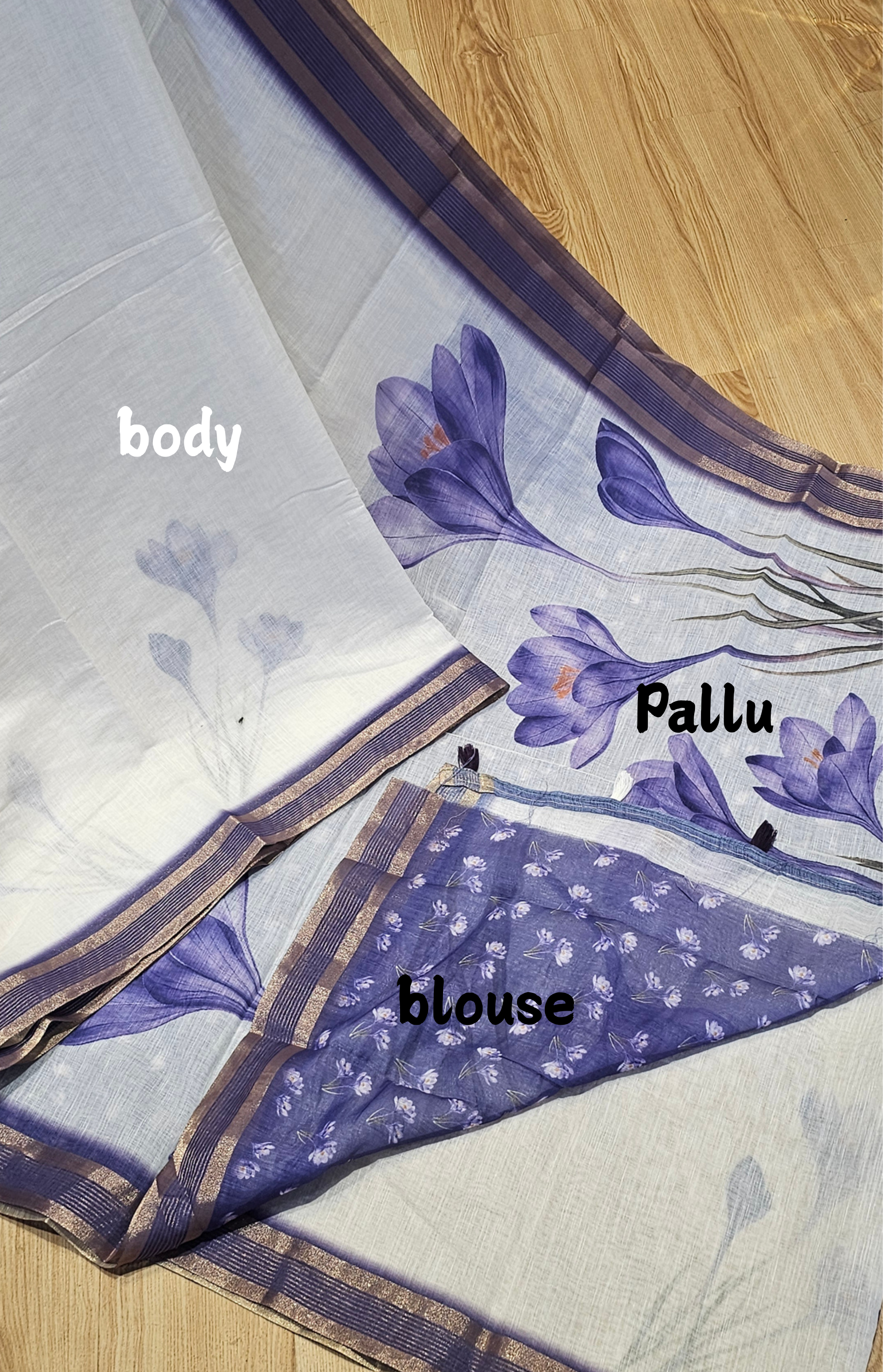 Breathable Floral Linen Saree in White and Purple | NAANAL
