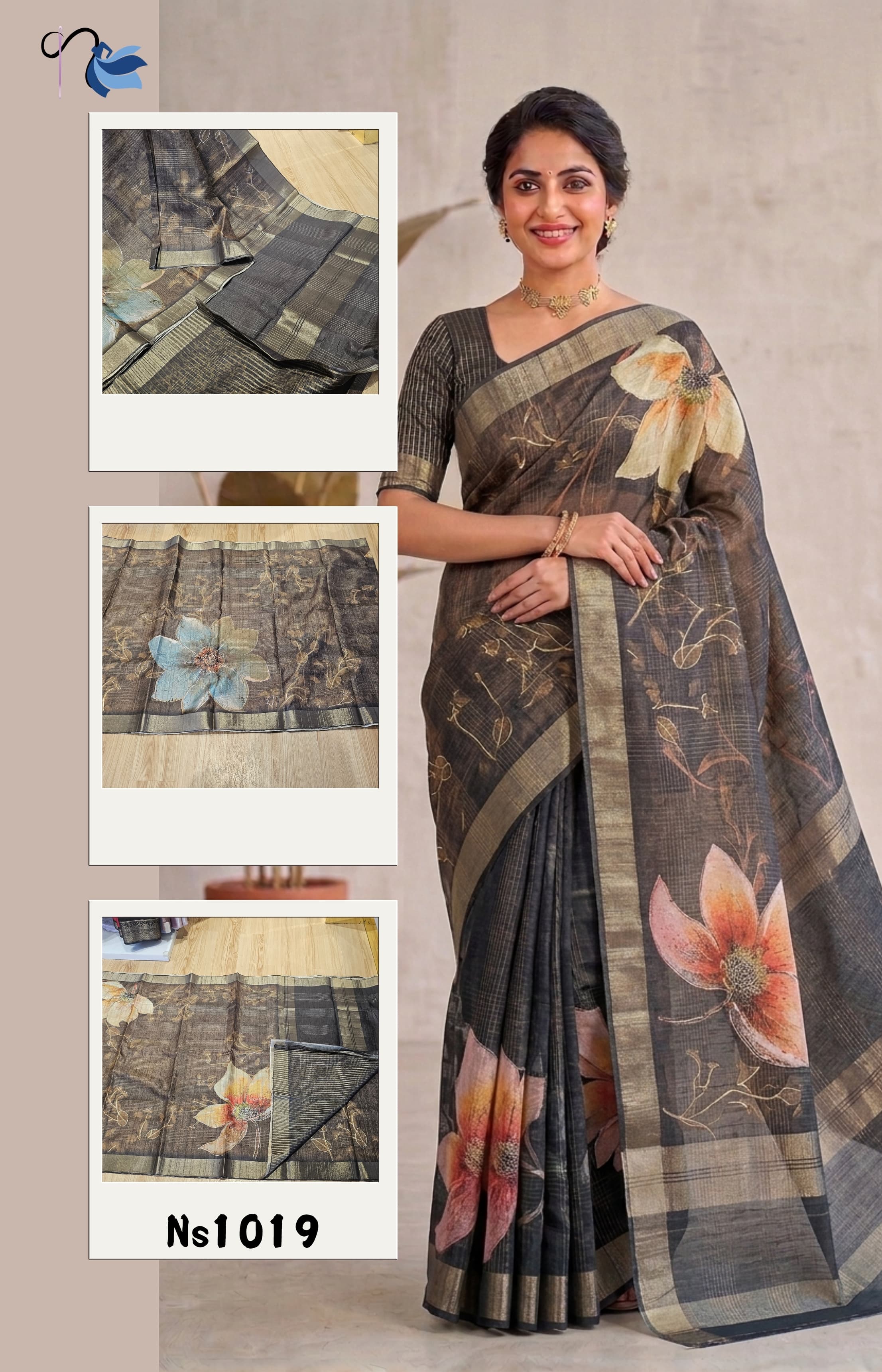 Woman wearing a floral saree with close-up insets on a beige background