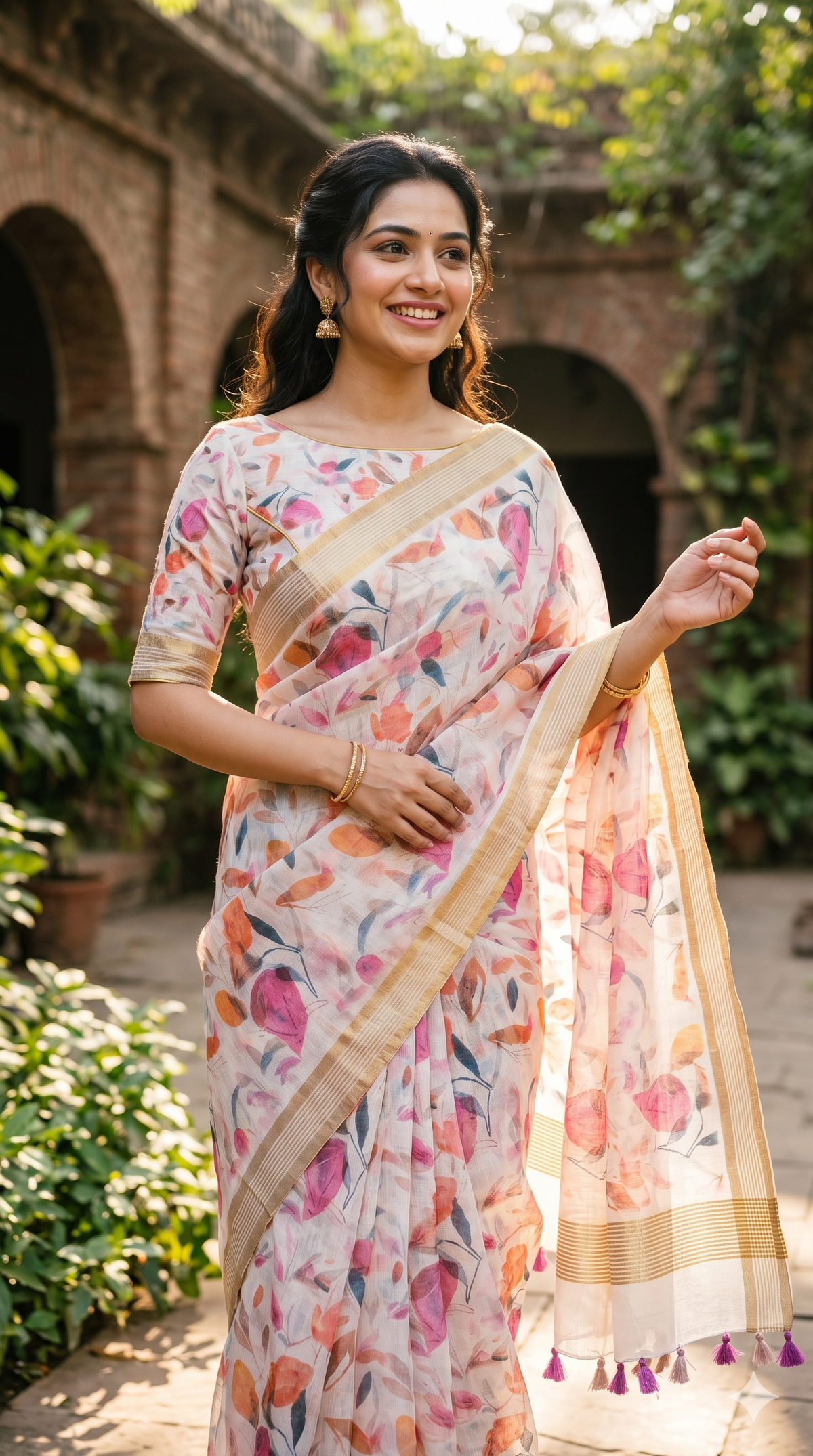 Elegant Off-White Floral Linen Cotton Saree | Summer Wear