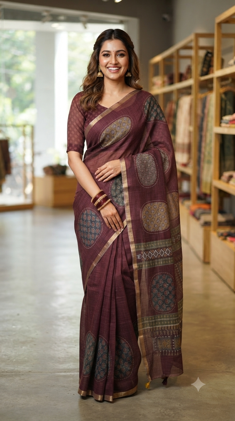 Rich Maroon Linen Cotton Saree | Naanal