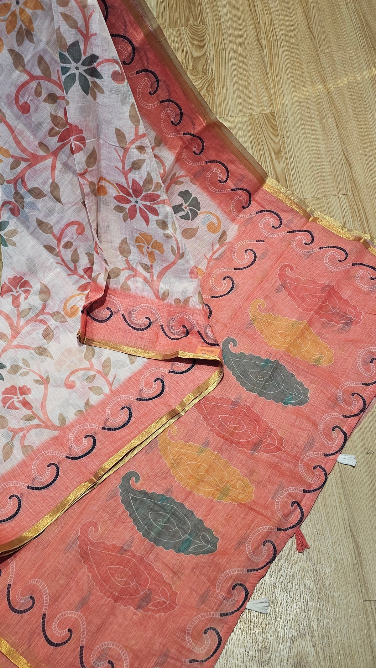 Peach & Ivory Floral Linen Cotton Saree | Formal Office Wear Collection