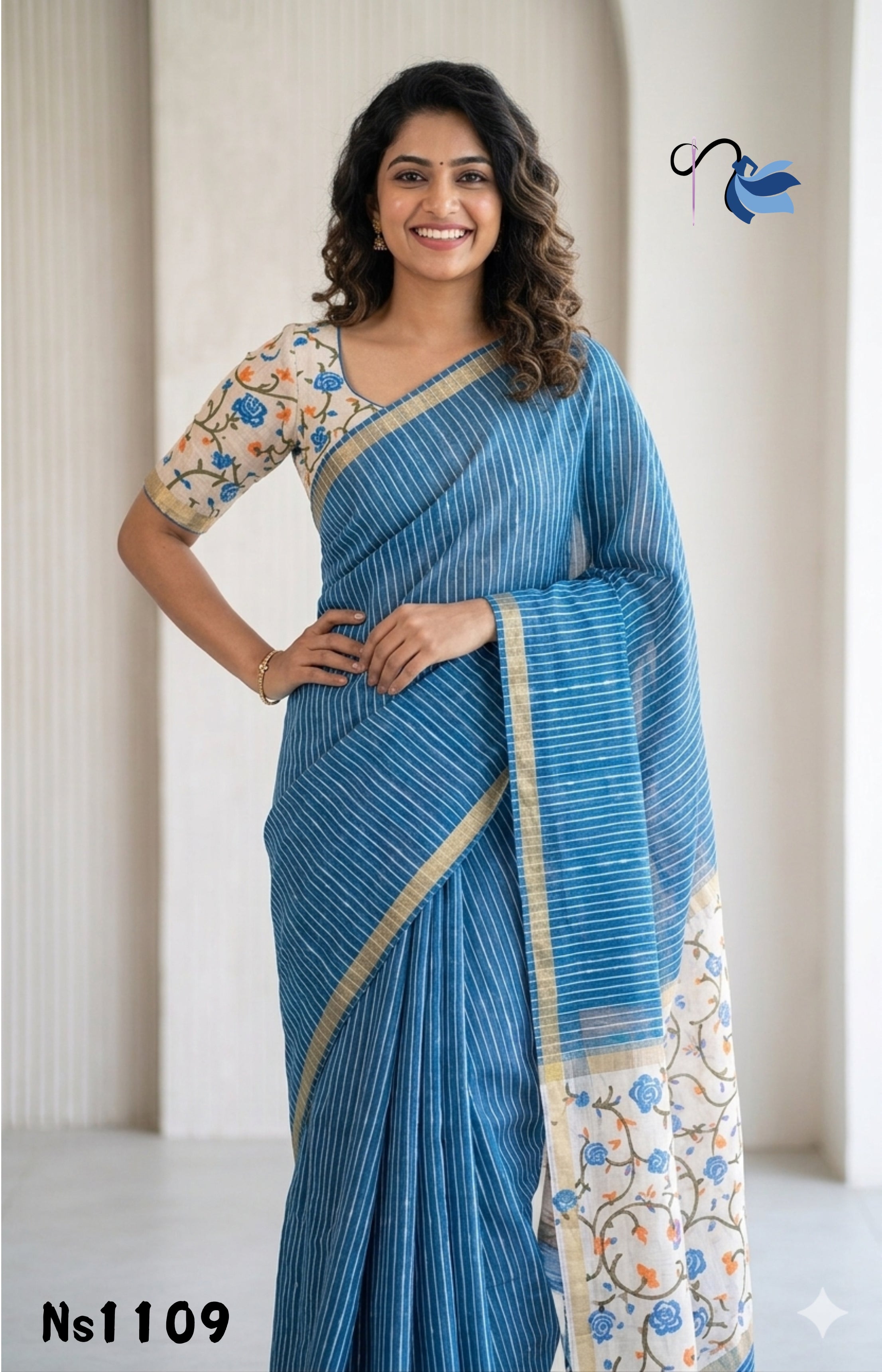 Cerulean Blue Striped Linen Cotton Saree with Floral Pallu | NAANAL Madurai