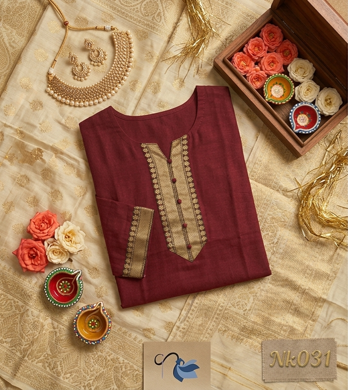 Maroon kurta with gold embroidery on a beige fabric background with decorative items.