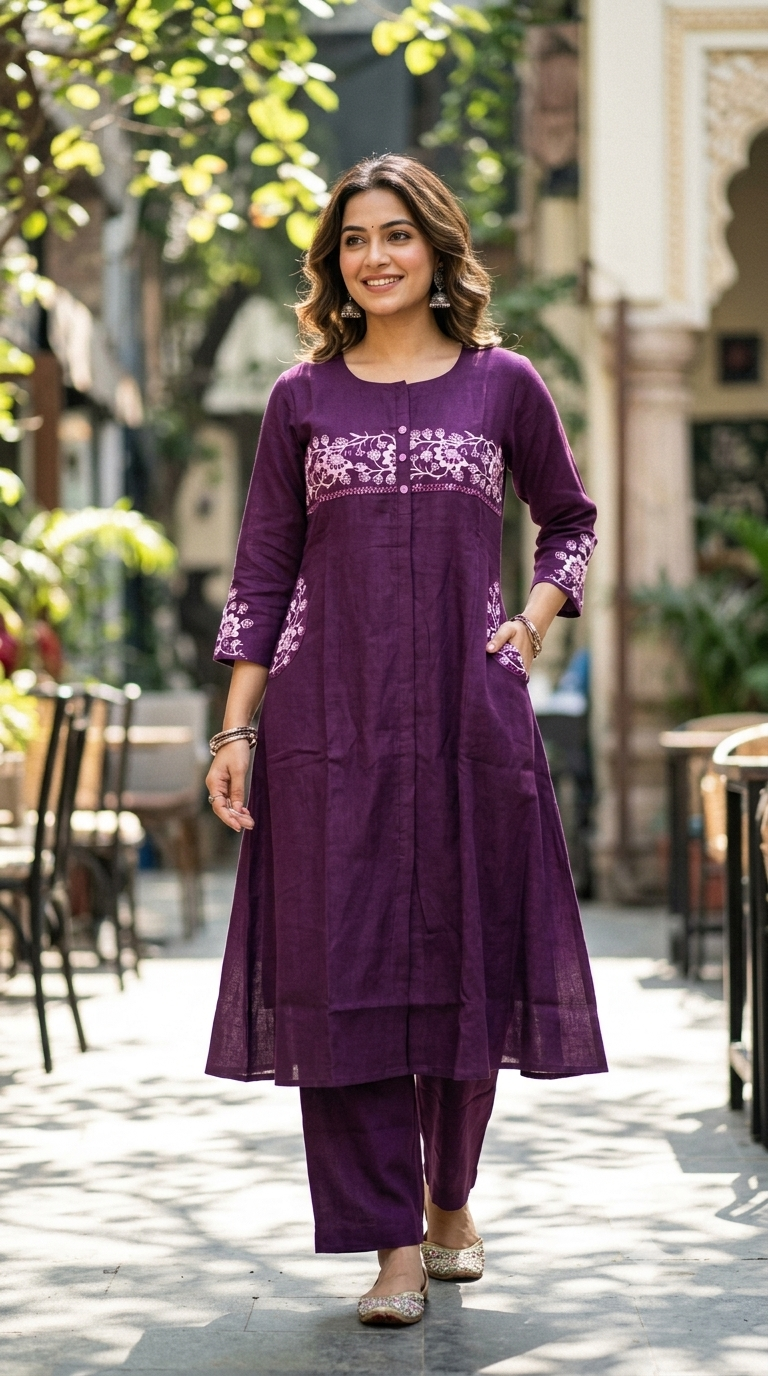Premium Purple Vatikan Co-ord Set - A-Line Kurta & Pants | NAANAL